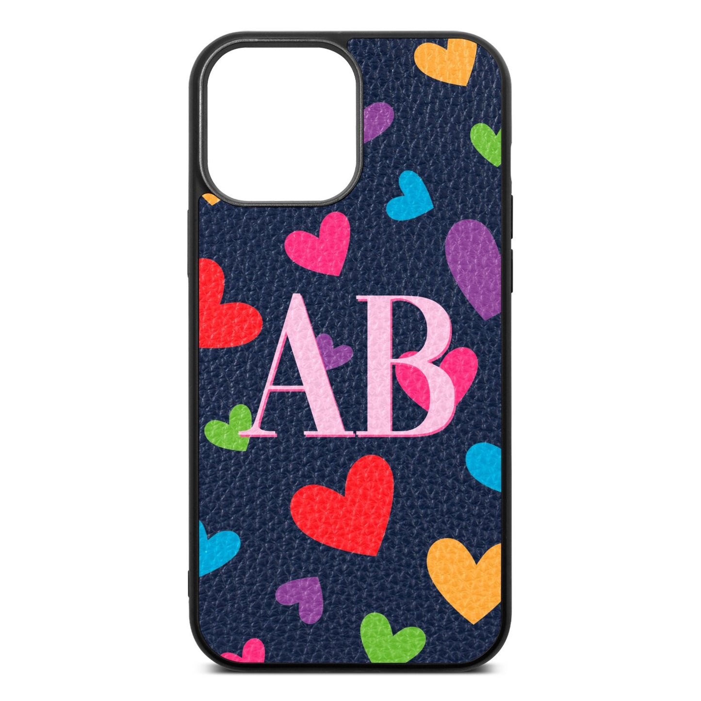 Contrast Initials Heart Print Navy Blue Pebble Leather iPhone 13 Pro Max Case