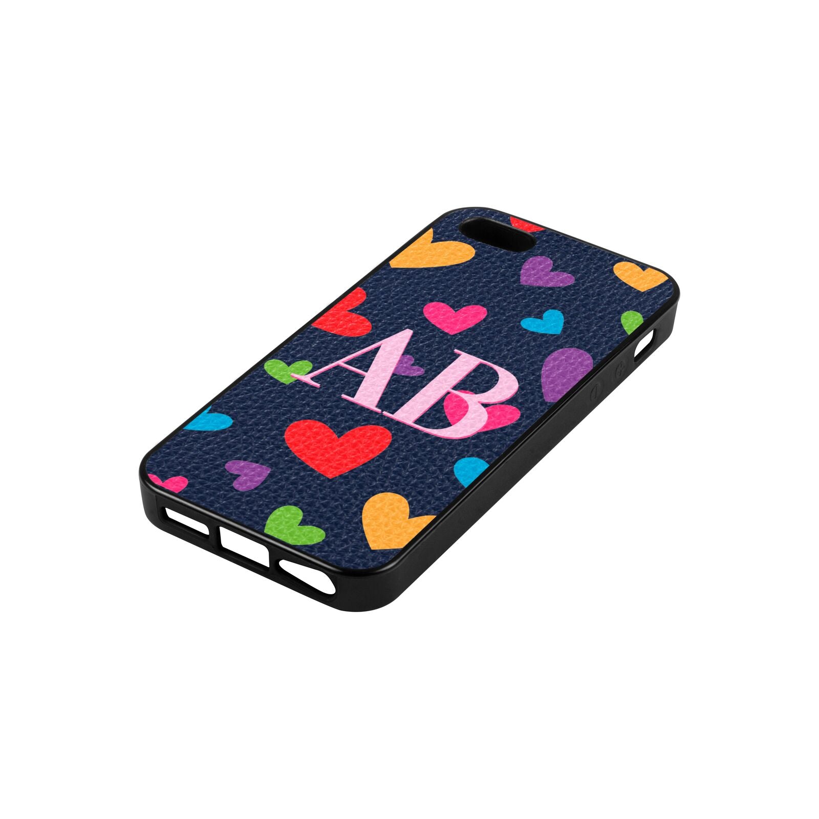 Contrast Initials Heart Print Navy Blue Pebble Leather iPhone 5 Case Side Angle