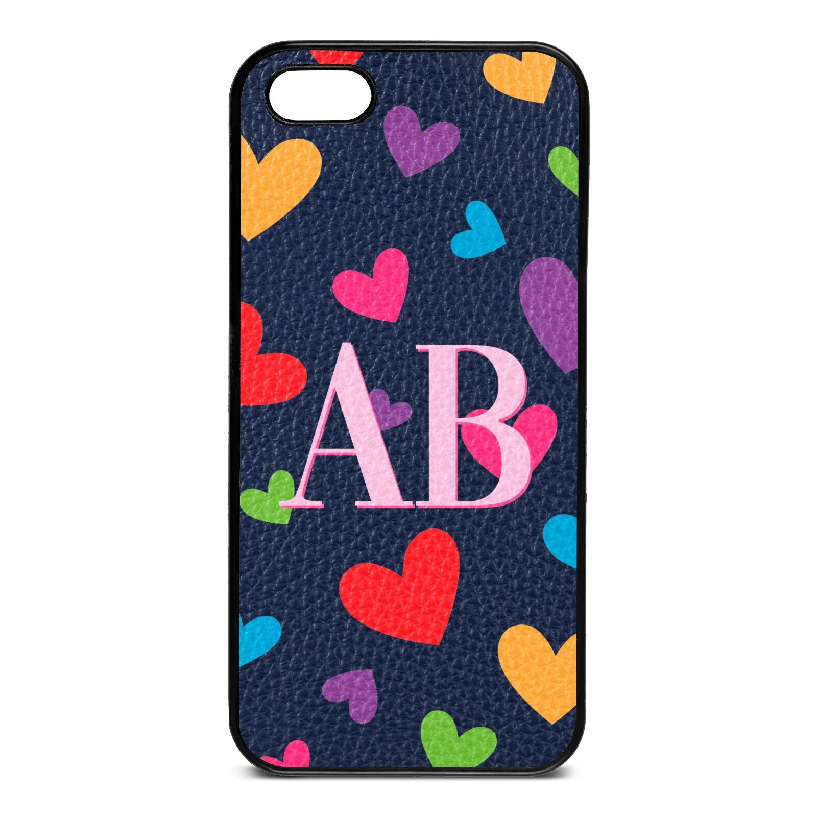 Contrast Initials Heart Print Navy Blue Pebble Leather iPhone 5 Case