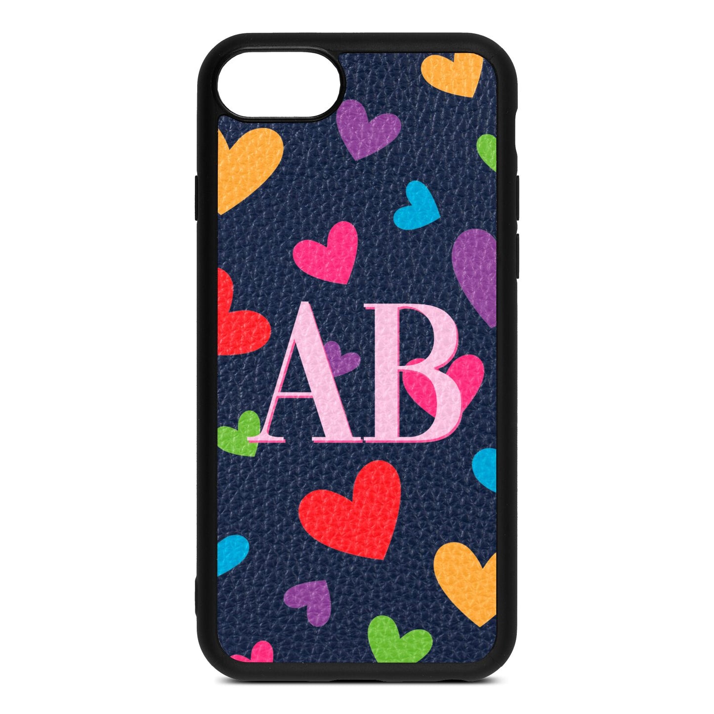 Contrast Initials Heart Print Navy Blue Pebble Leather iPhone 8 Case