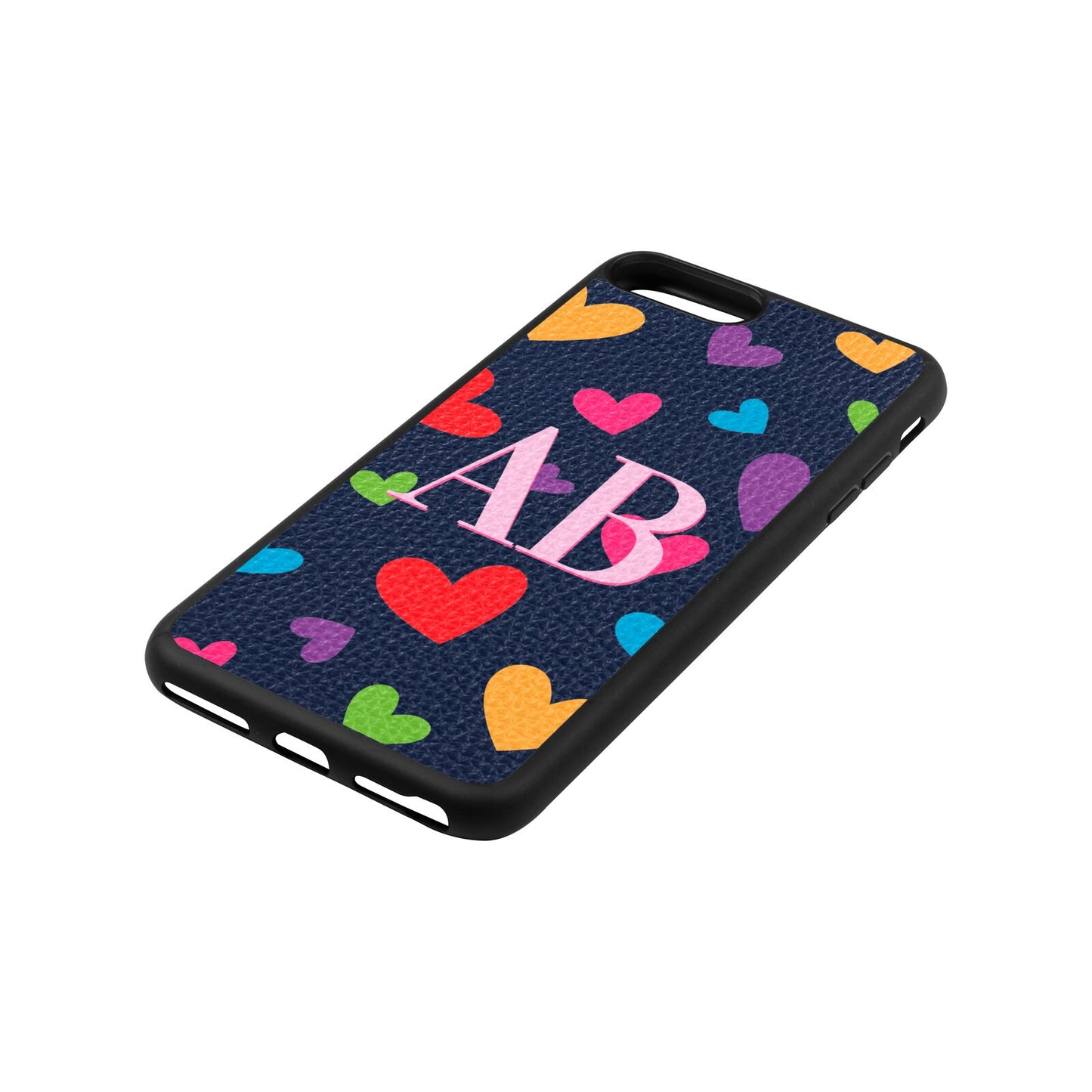 Contrast Initials Heart Print Navy Blue Pebble Leather iPhone 8 Plus Case Side Angle