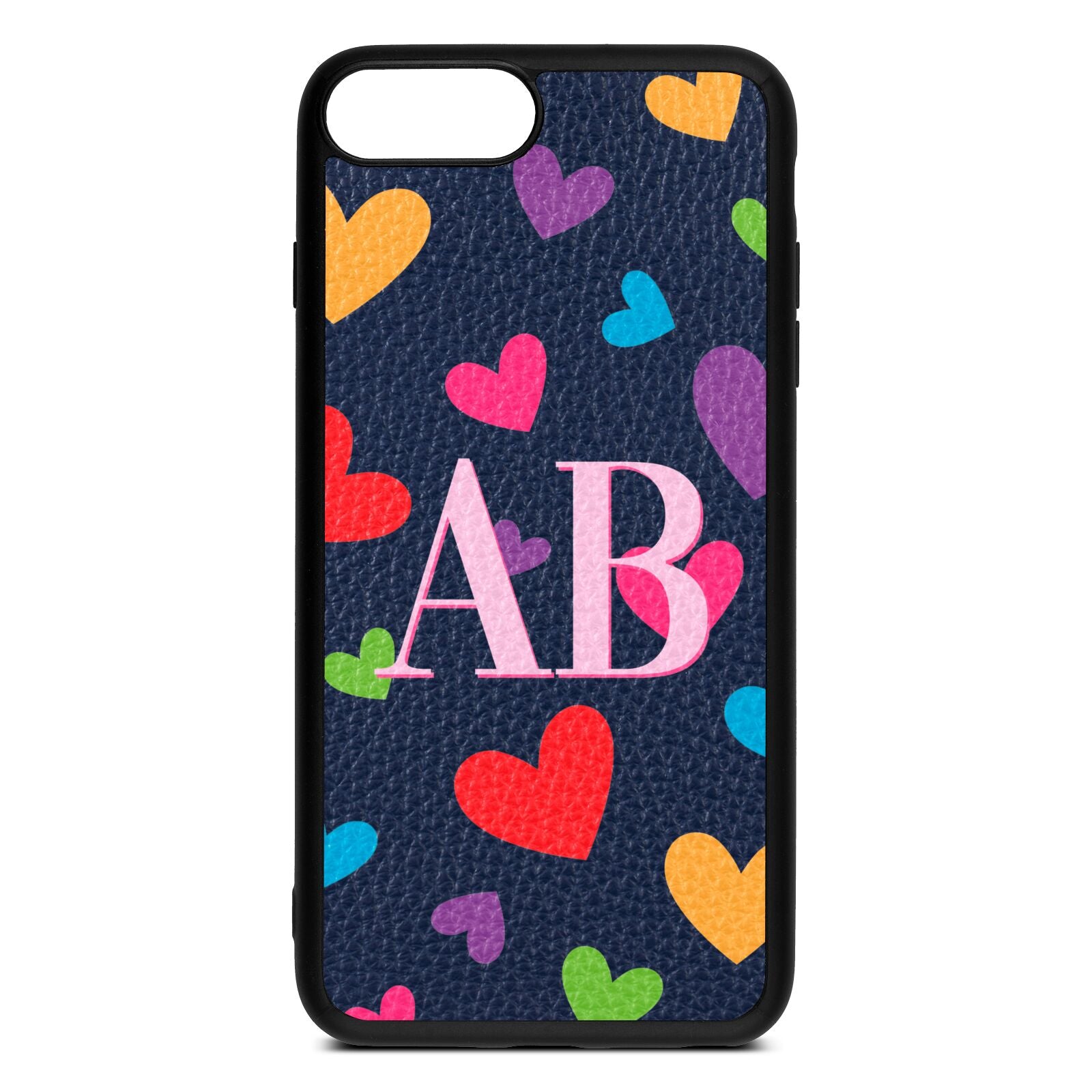 Contrast Initials Heart Print Navy Blue Pebble Leather iPhone 8 Plus Case