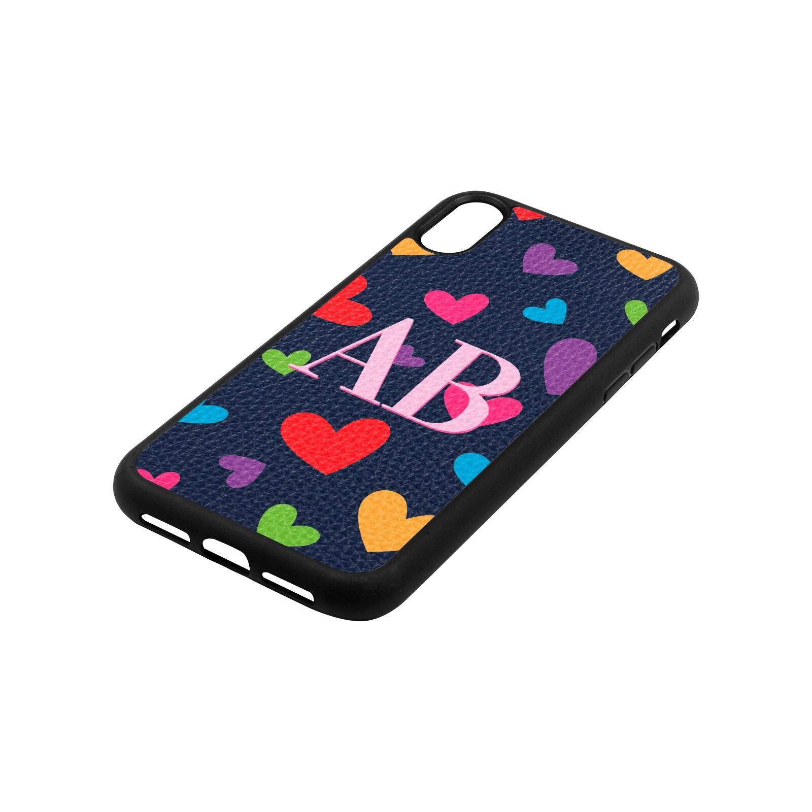 Contrast Initials Heart Print Navy Blue Pebble Leather iPhone Xr Case Side Angle