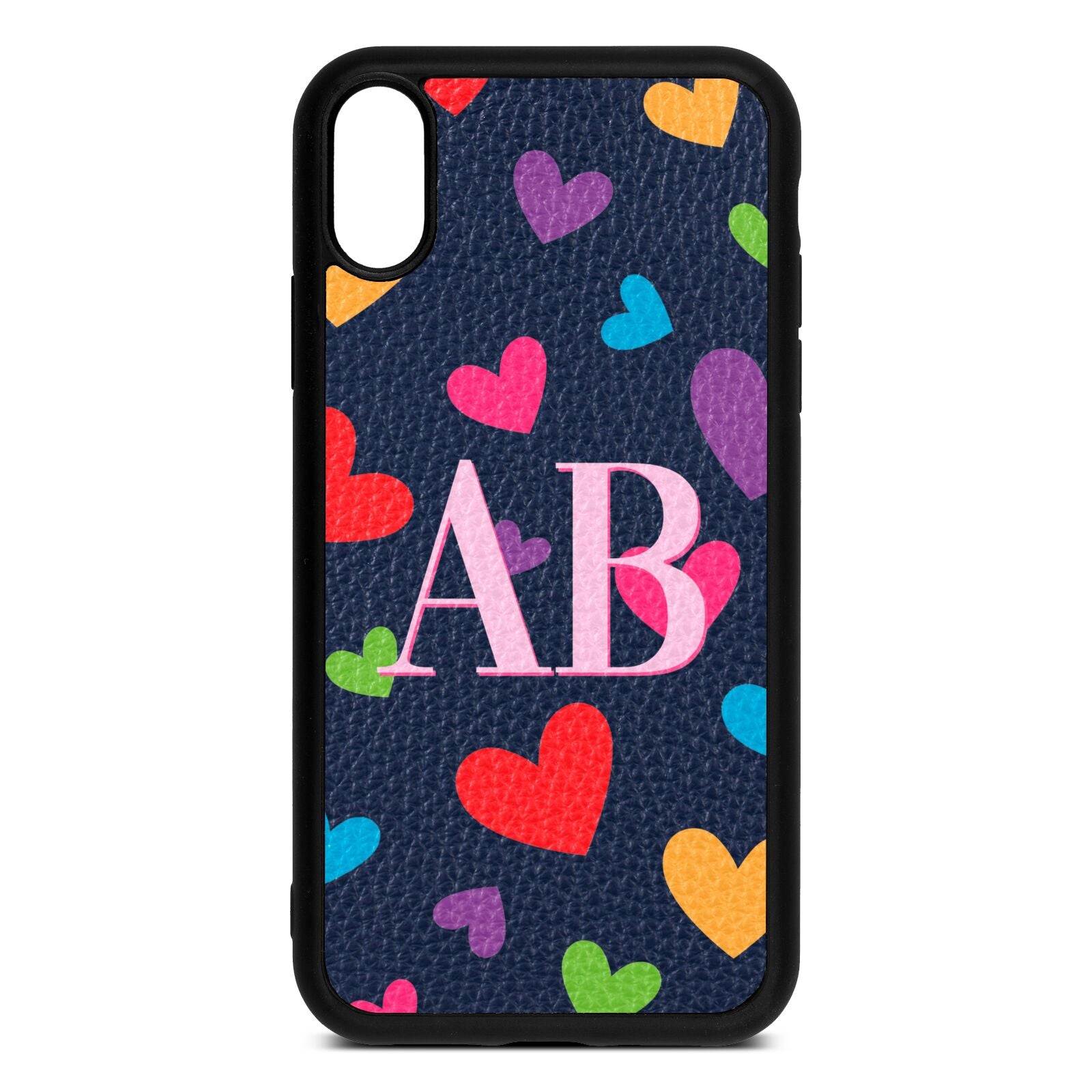 Contrast Initials Heart Print Navy Blue Pebble Leather iPhone Xr Case