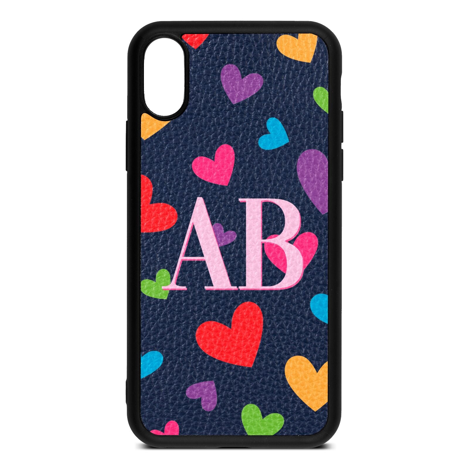 Contrast Initials Heart Print Navy Blue Pebble Leather iPhone Xs Case