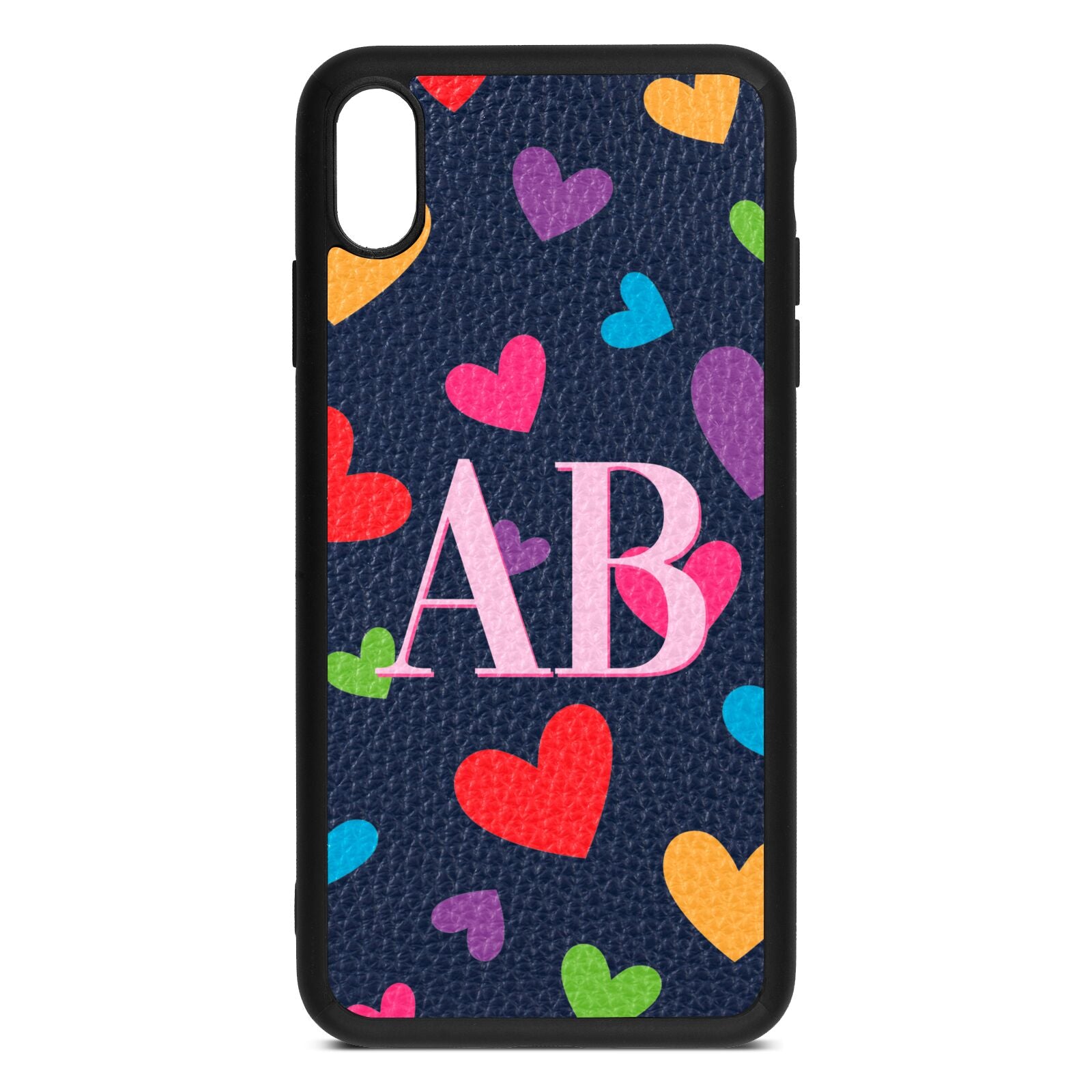 Contrast Initials Heart Print Navy Blue Pebble Leather iPhone Xs Max Case