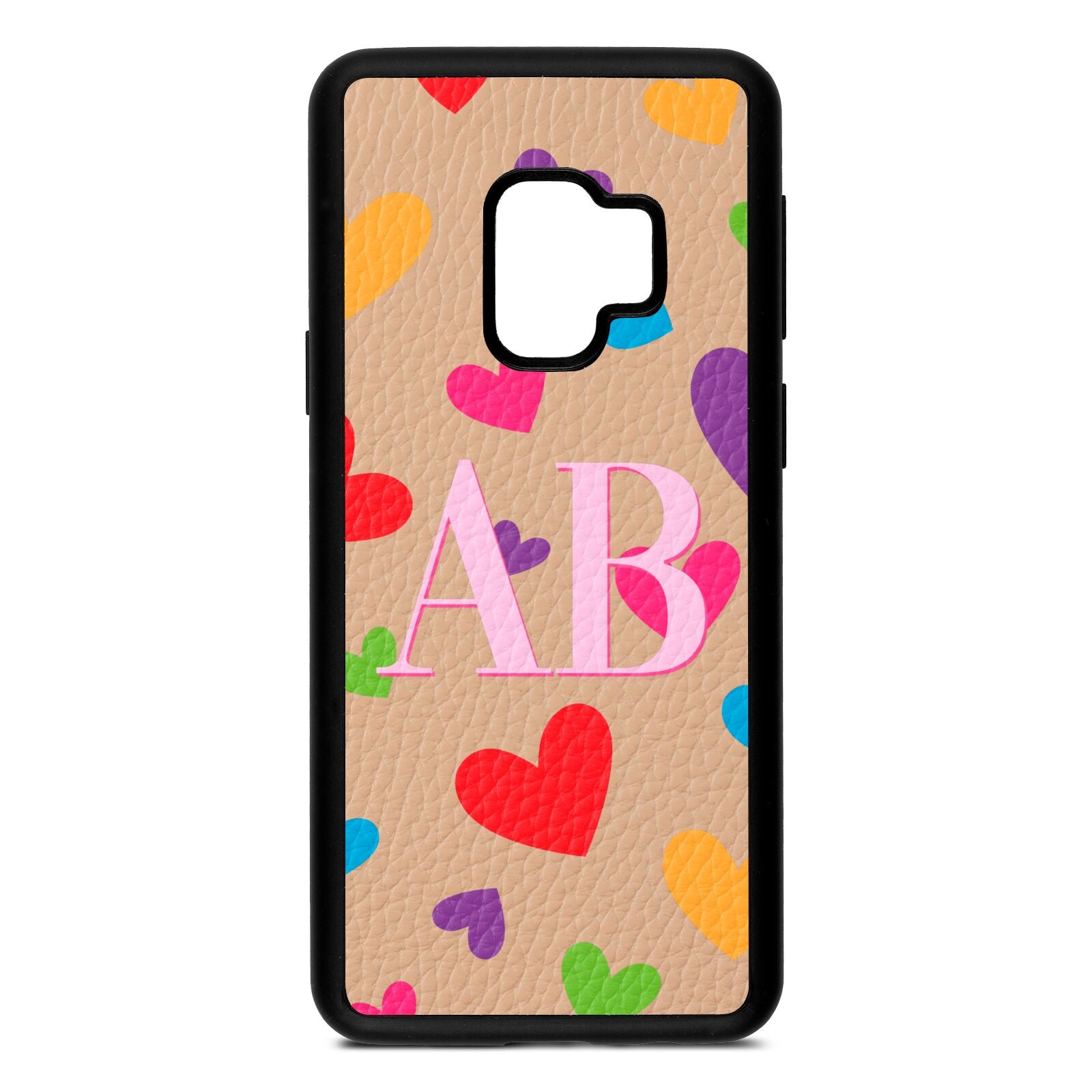 Contrast Initials Heart Print Nude Pebble Leather Samsung S9 Case