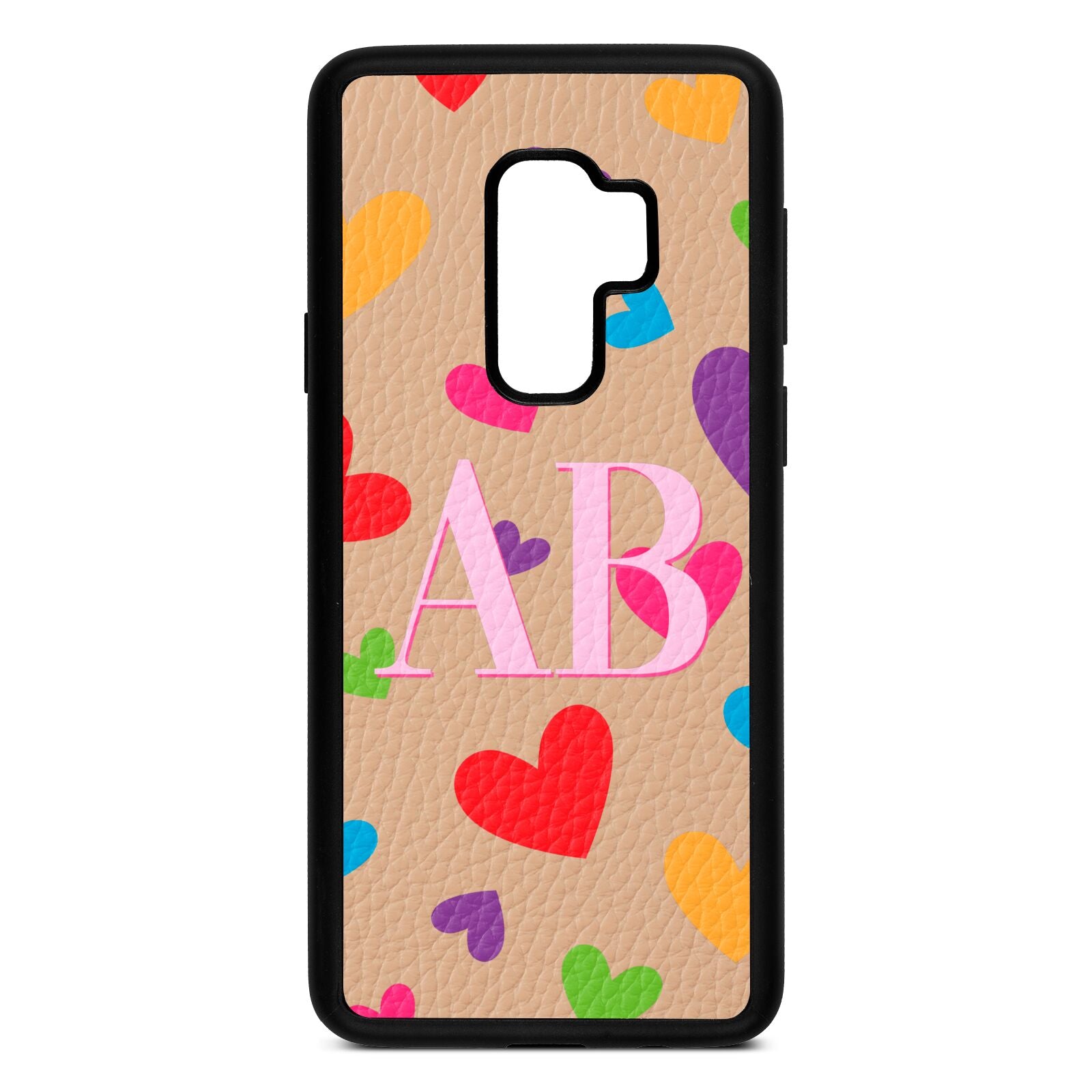 Contrast Initials Heart Print Nude Pebble Leather Samsung S9 Plus Case
