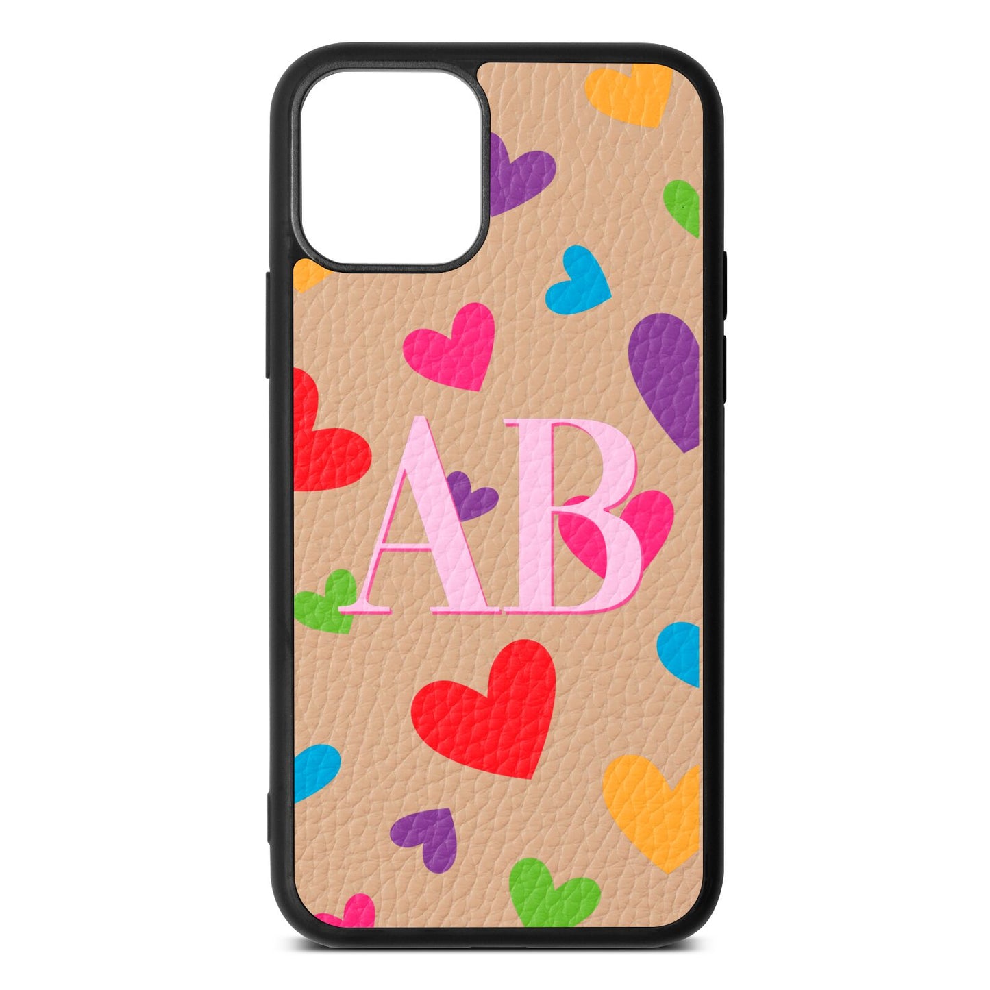 Contrast Initials Heart Print Nude Pebble Leather iPhone 11 Case