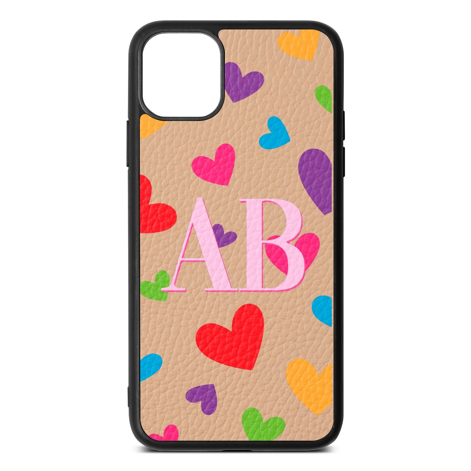 Contrast Initials Heart Print Nude Pebble Leather iPhone 11 Pro Max Case