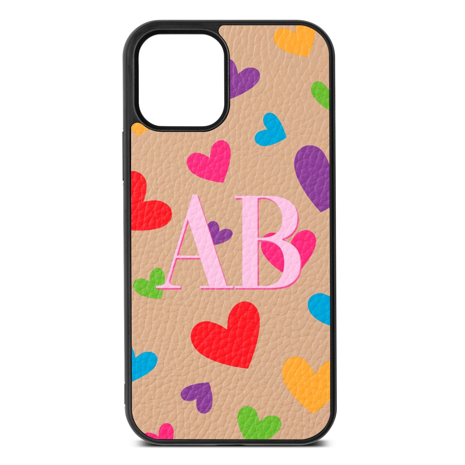 Contrast Initials Heart Print Nude Pebble Leather iPhone 12 Case