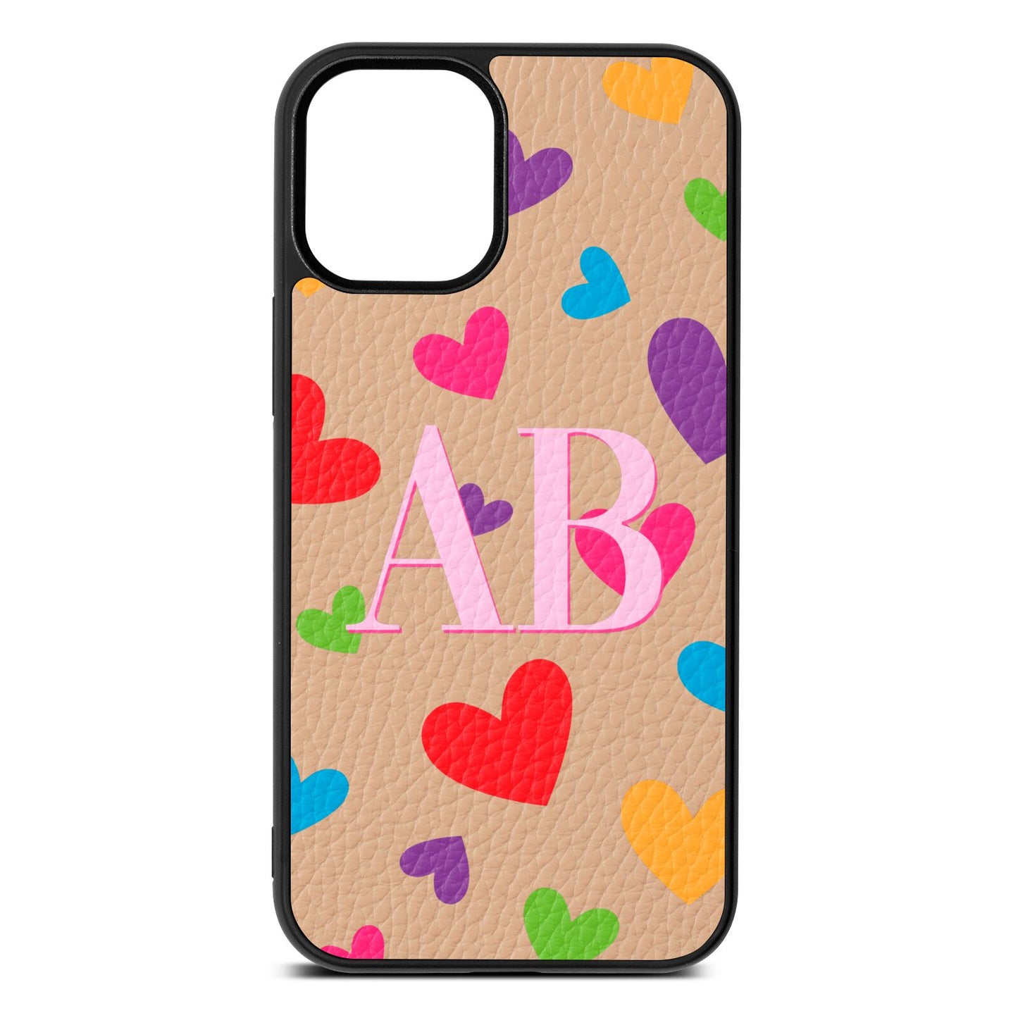 Contrast Initials Heart Print Nude Pebble Leather iPhone 12 Mini Case