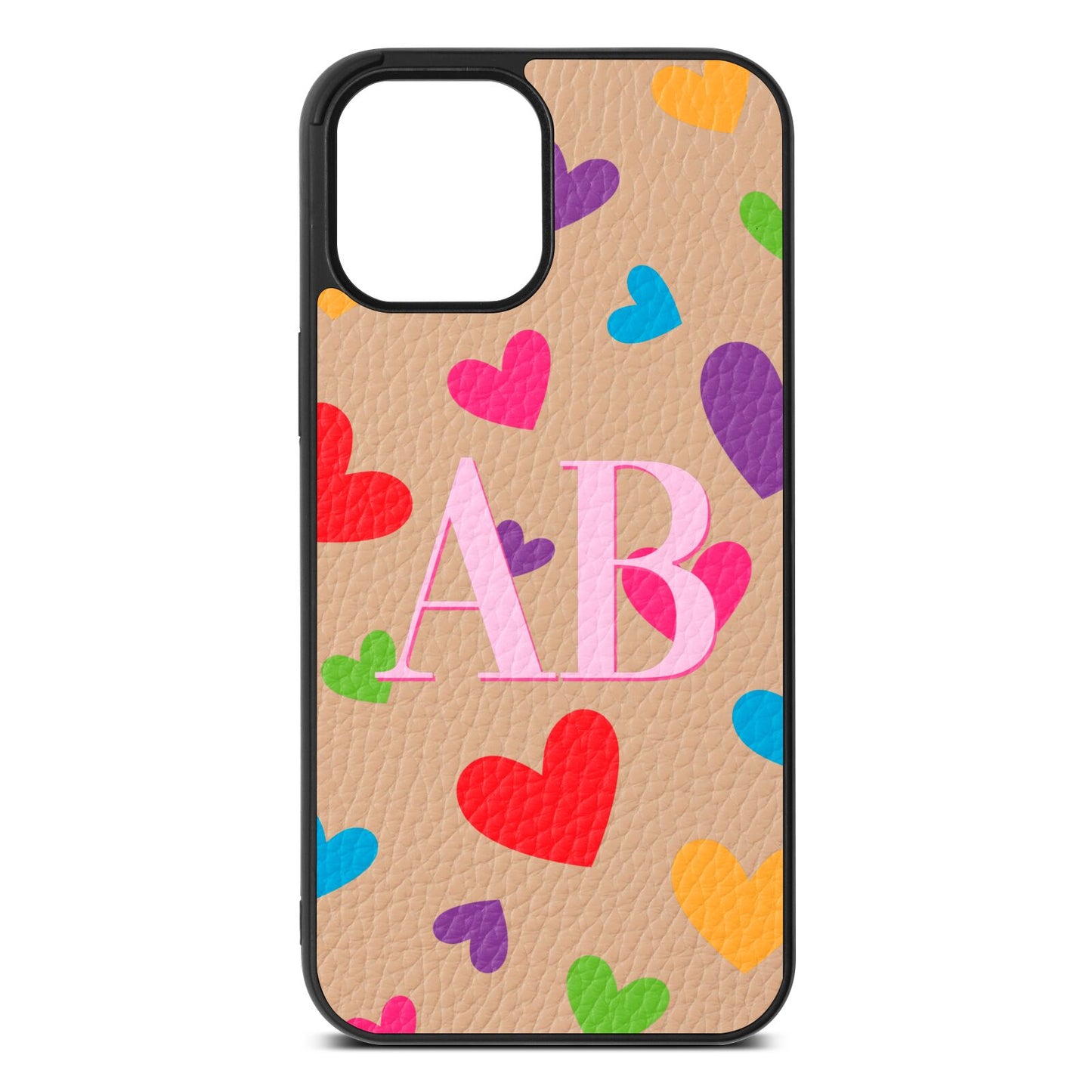 Contrast Initials Heart Print Nude Pebble Leather iPhone 12 Pro Max Case