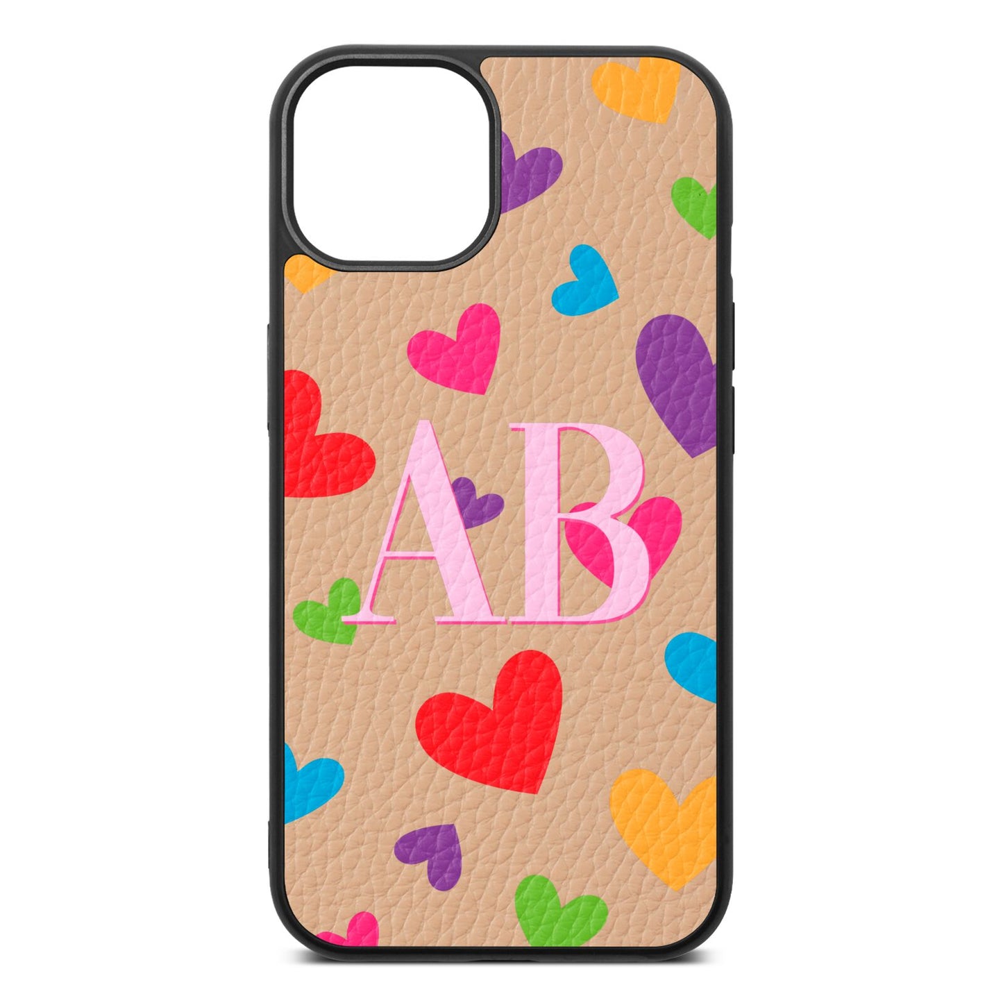 Contrast Initials Heart Print Nude Pebble Leather iPhone 13 Case