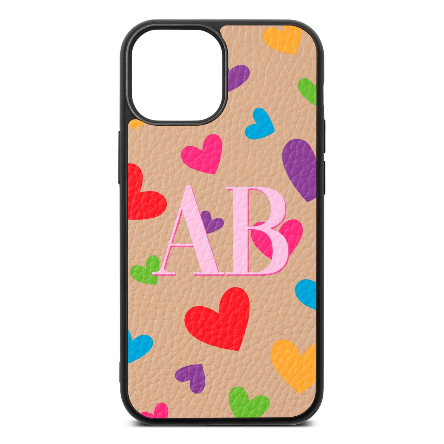 Contrast Initials Heart Print Nude Pebble Leather iPhone 13 Mini Case