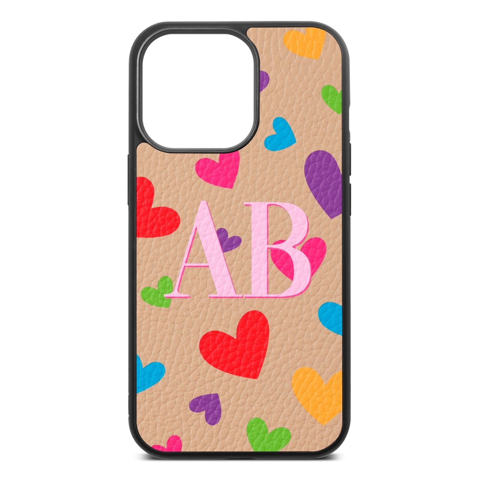 Contrast Initials Heart Print Nude Pebble Leather iPhone 13 Pro Case