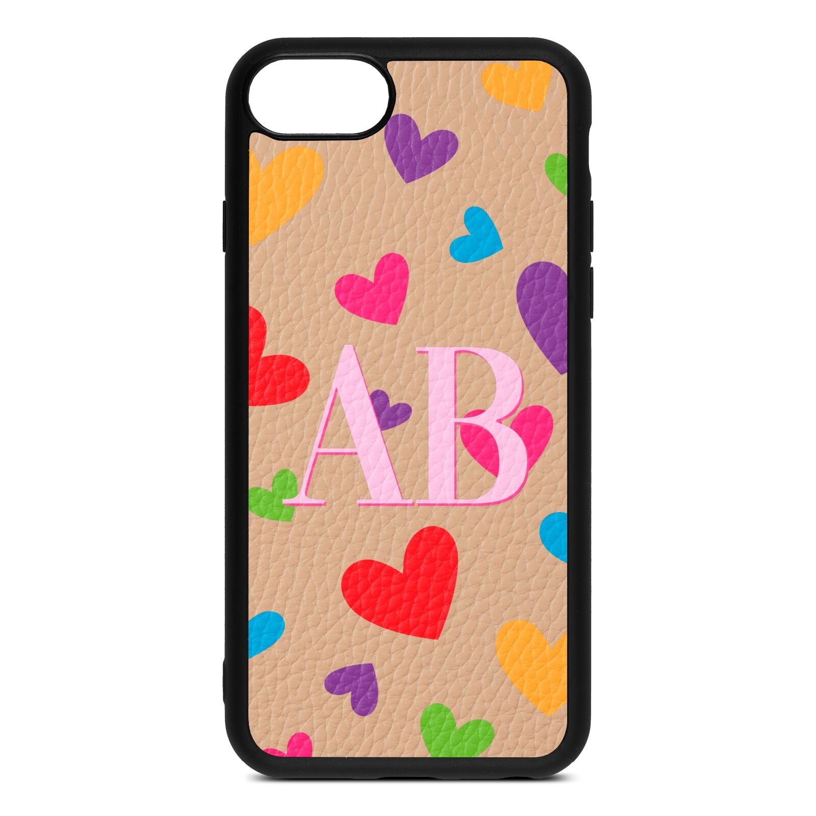 Contrast Initials Heart Print Nude Pebble Leather iPhone 8 Case