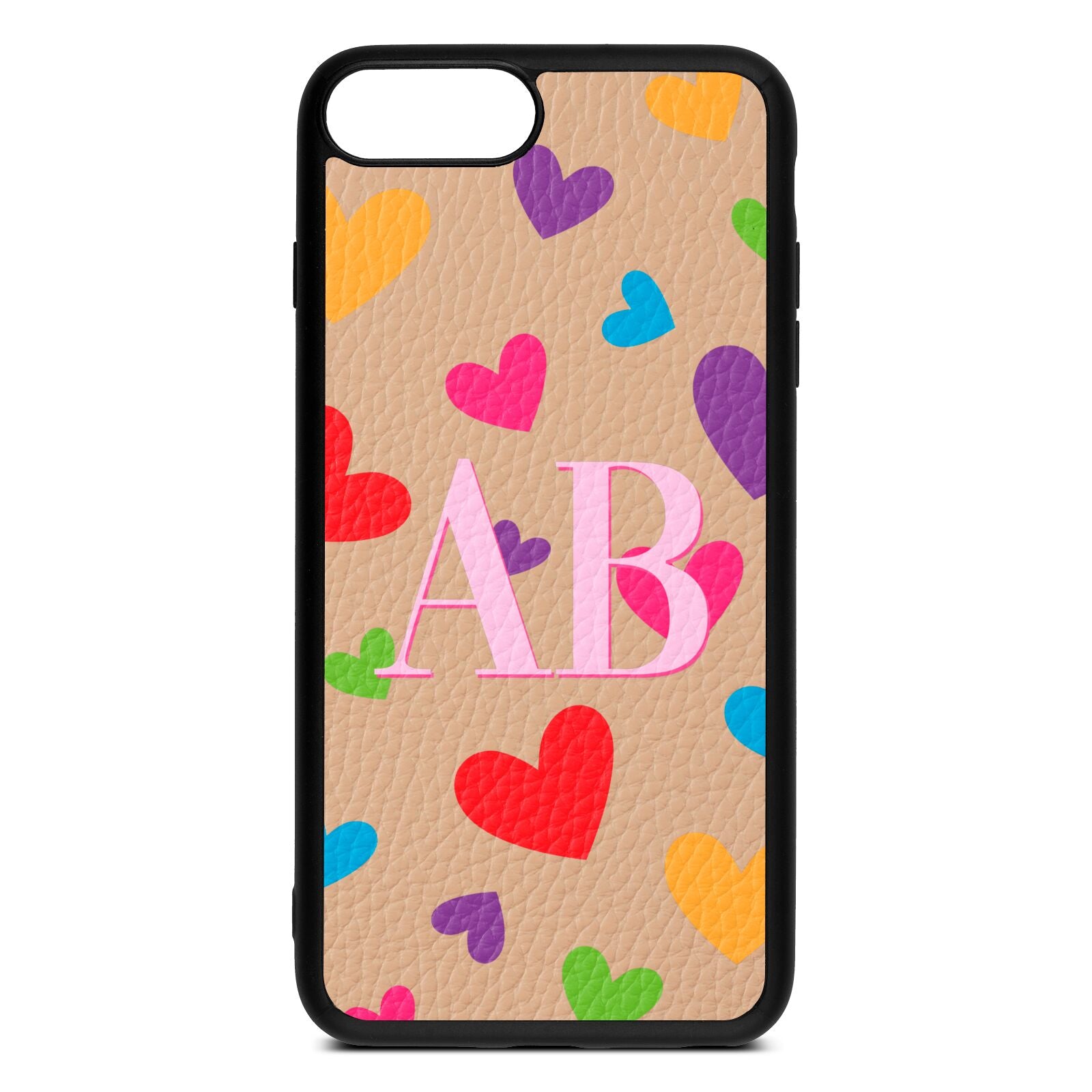 Contrast Initials Heart Print Nude Pebble Leather iPhone 8 Plus Case
