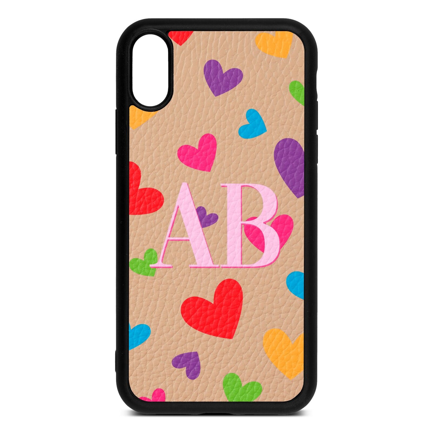 Contrast Initials Heart Print Nude Pebble Leather iPhone Xr Case
