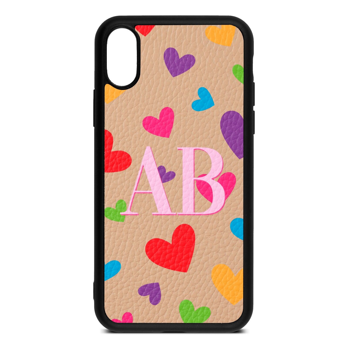 Contrast Initials Heart Print Nude Pebble Leather iPhone Xs Case
