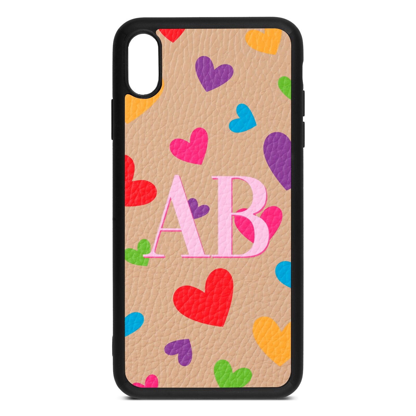 Contrast Initials Heart Print Nude Pebble Leather iPhone Xs Max Case