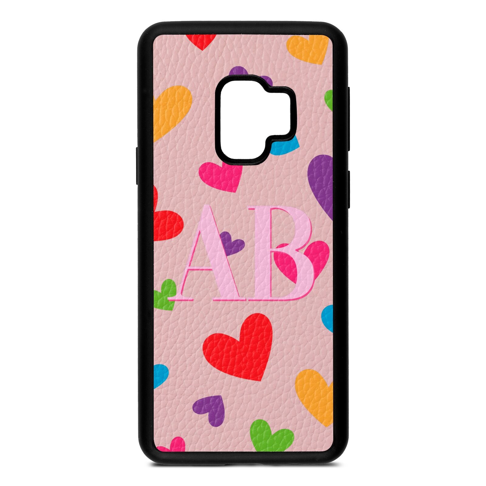 Contrast Initials Heart Print Pink Pebble Leather Samsung S9 Case