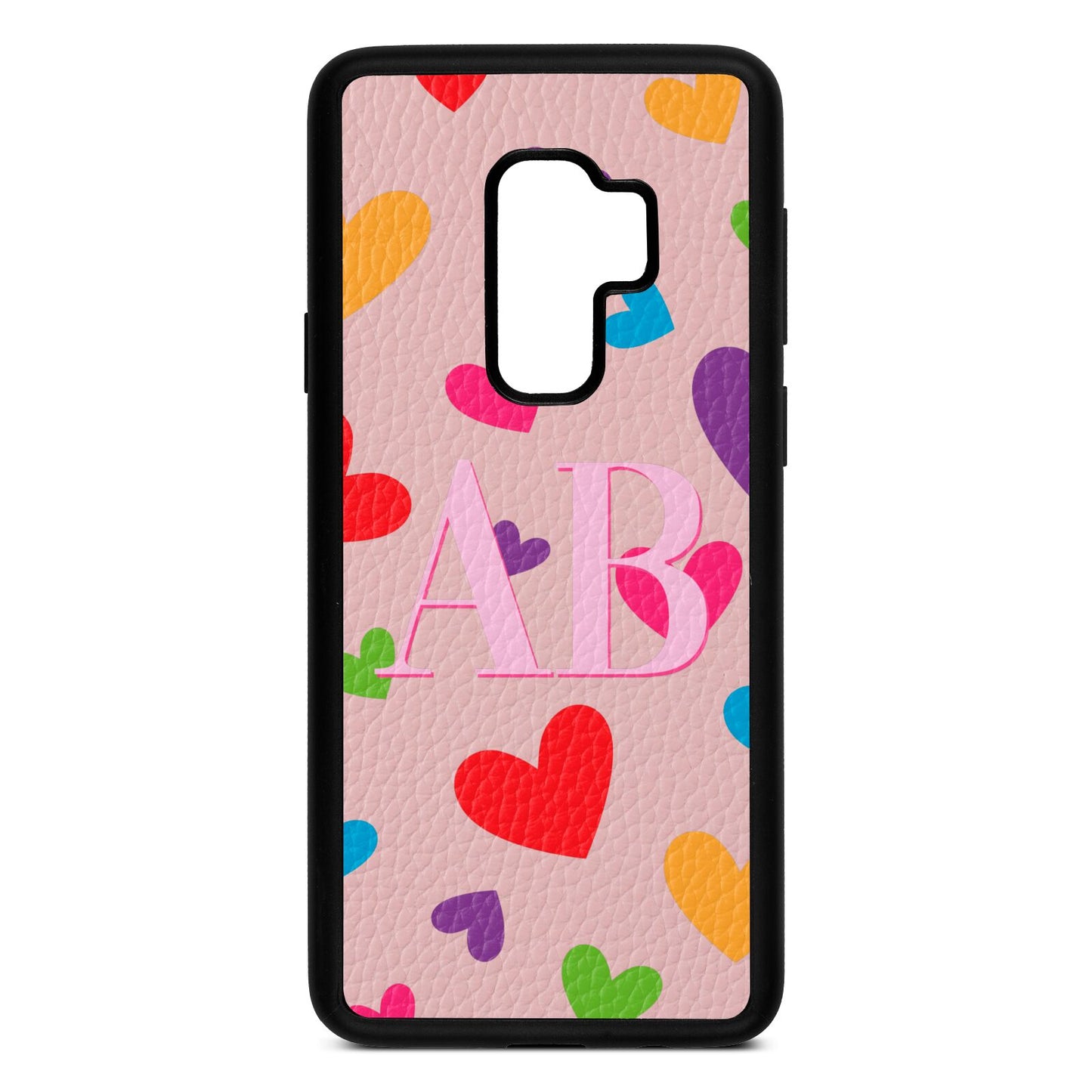 Contrast Initials Heart Print Pink Pebble Leather Samsung S9 Plus Case