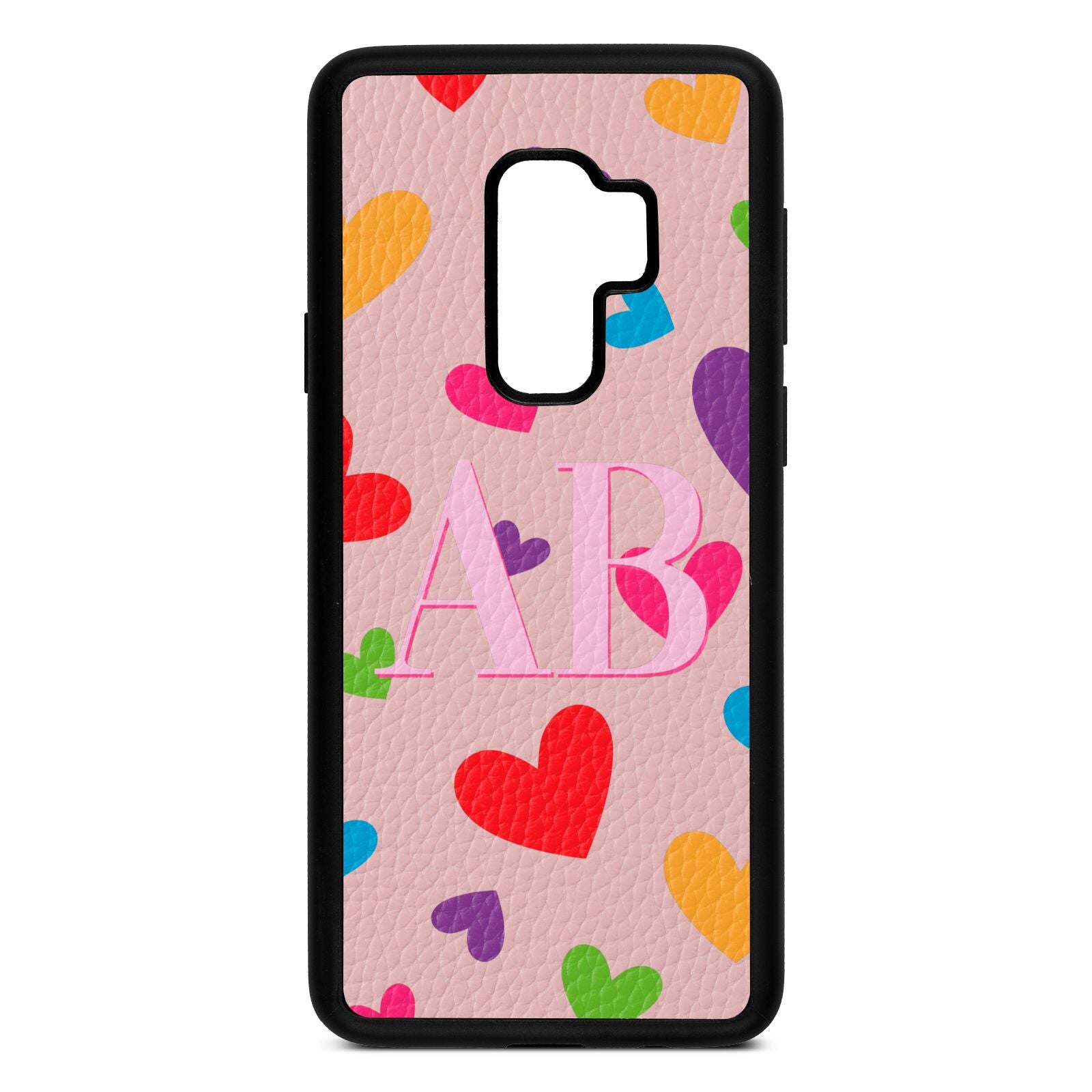 Contrast Initials Heart Print Pink Pebble Leather Samsung S9 Plus Case