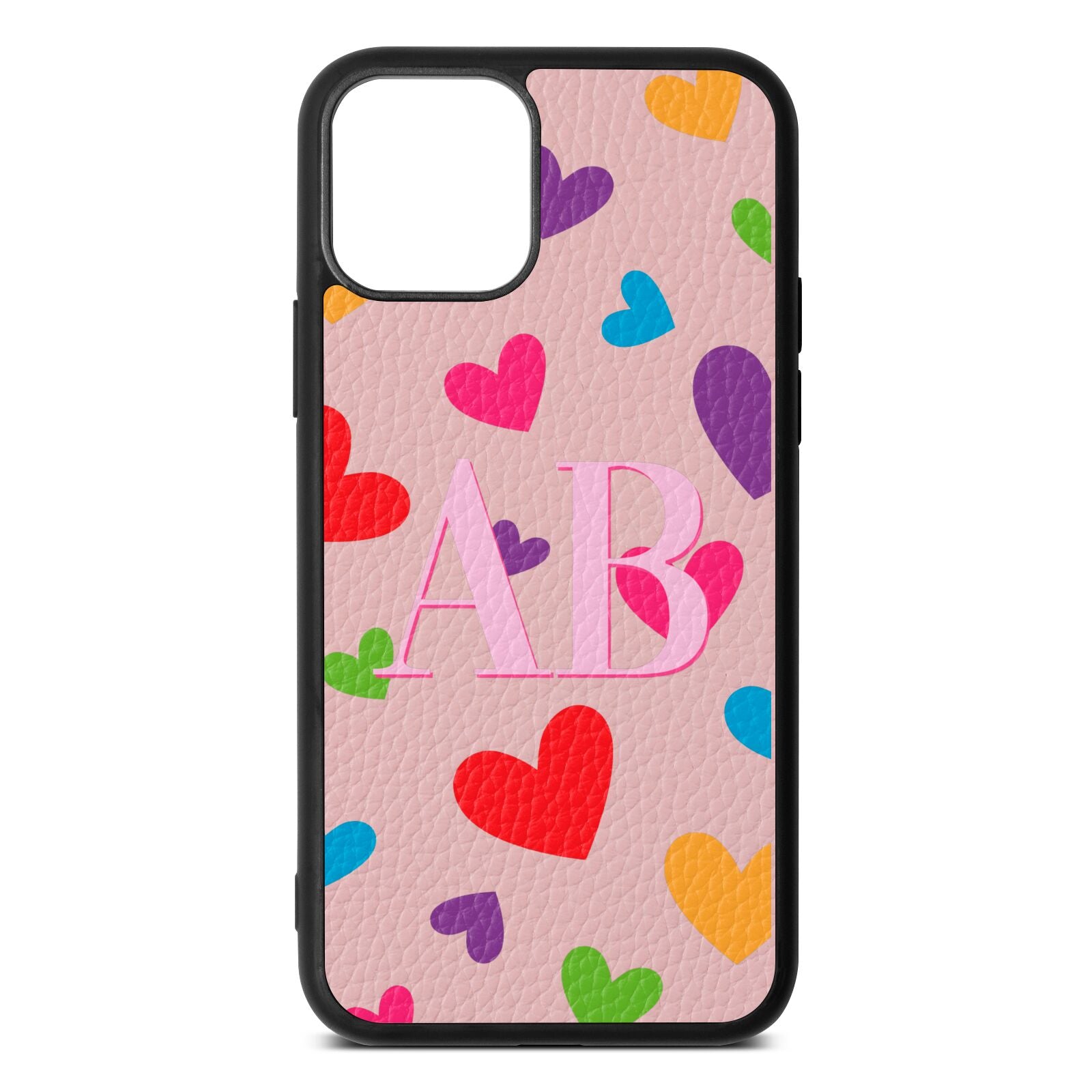 Contrast Initials Heart Print Pink Pebble Leather iPhone 11 Case