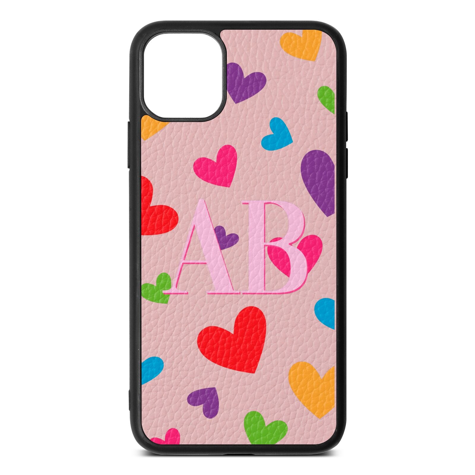 Contrast Initials Heart Print Pink Pebble Leather iPhone 11 Pro Max Case