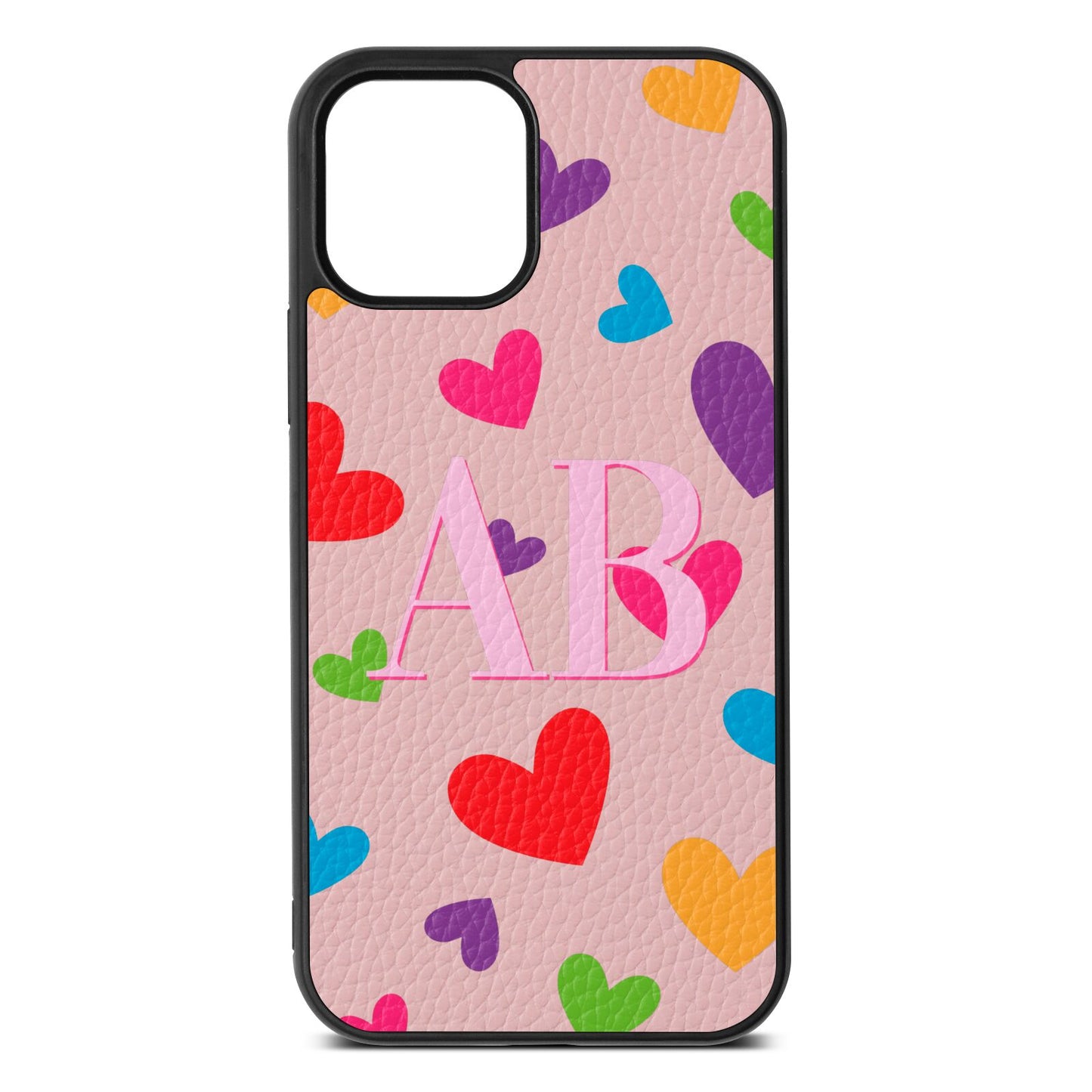 Contrast Initials Heart Print Pink Pebble Leather iPhone 12 Case