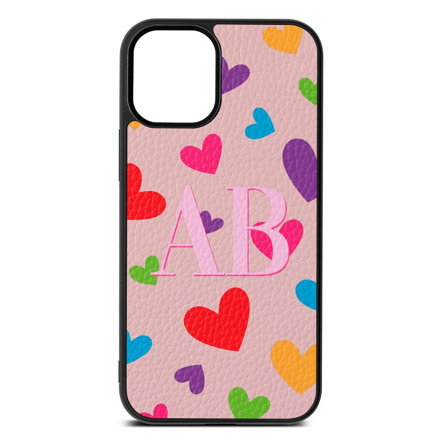 Contrast Initials Heart Print Pink Pebble Leather iPhone 12 Mini Case