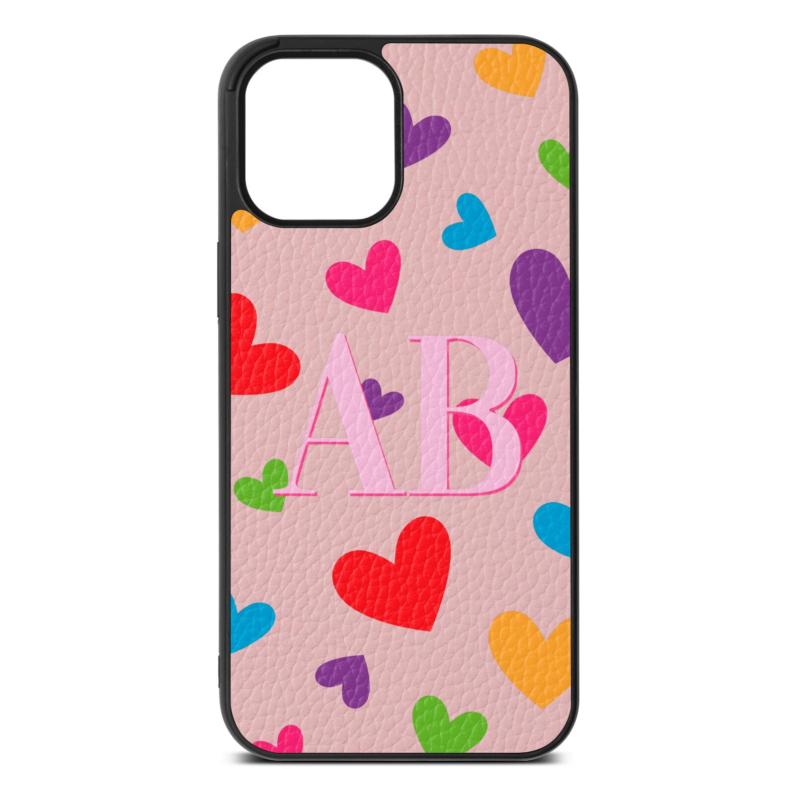 Contrast Initials Heart Print Pink Pebble Leather iPhone 12 Pro Max Case