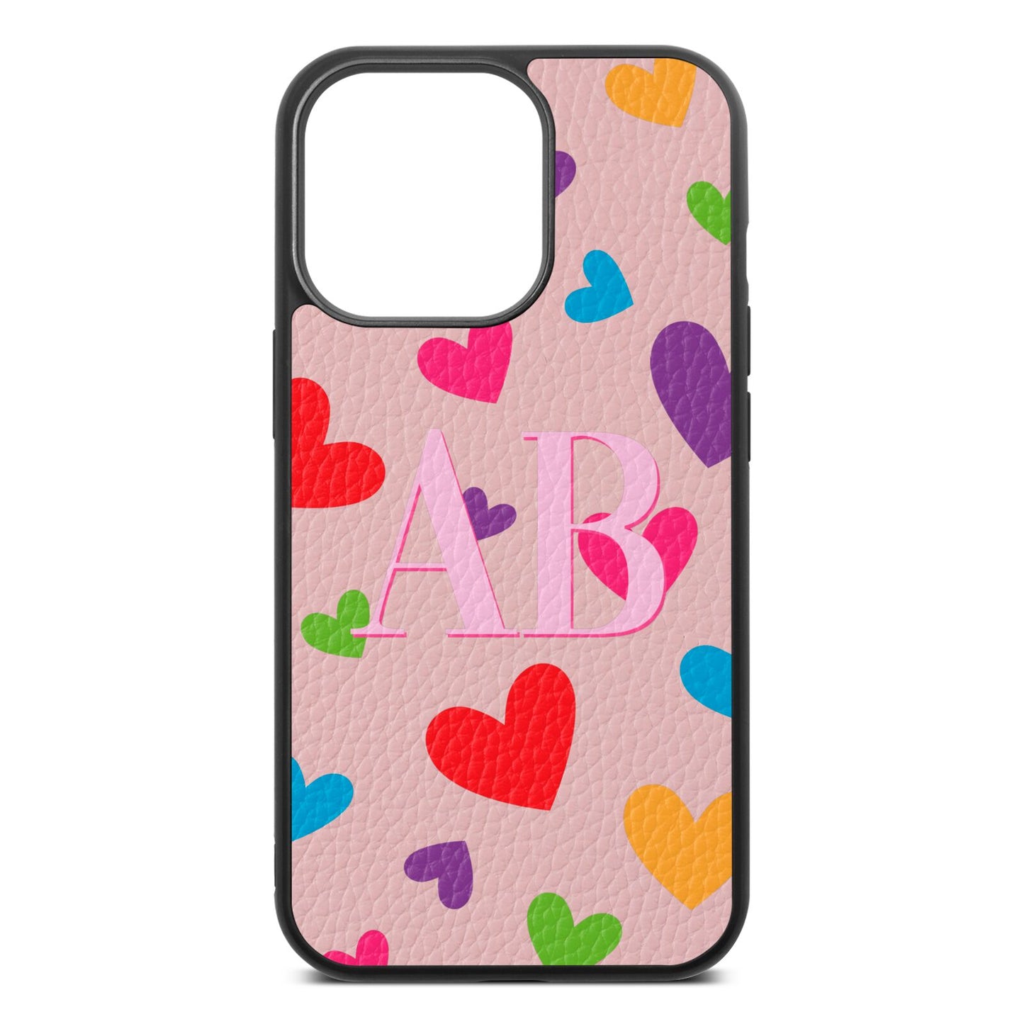 Contrast Initials Heart Print Pink Pebble Leather iPhone 13 Pro Case