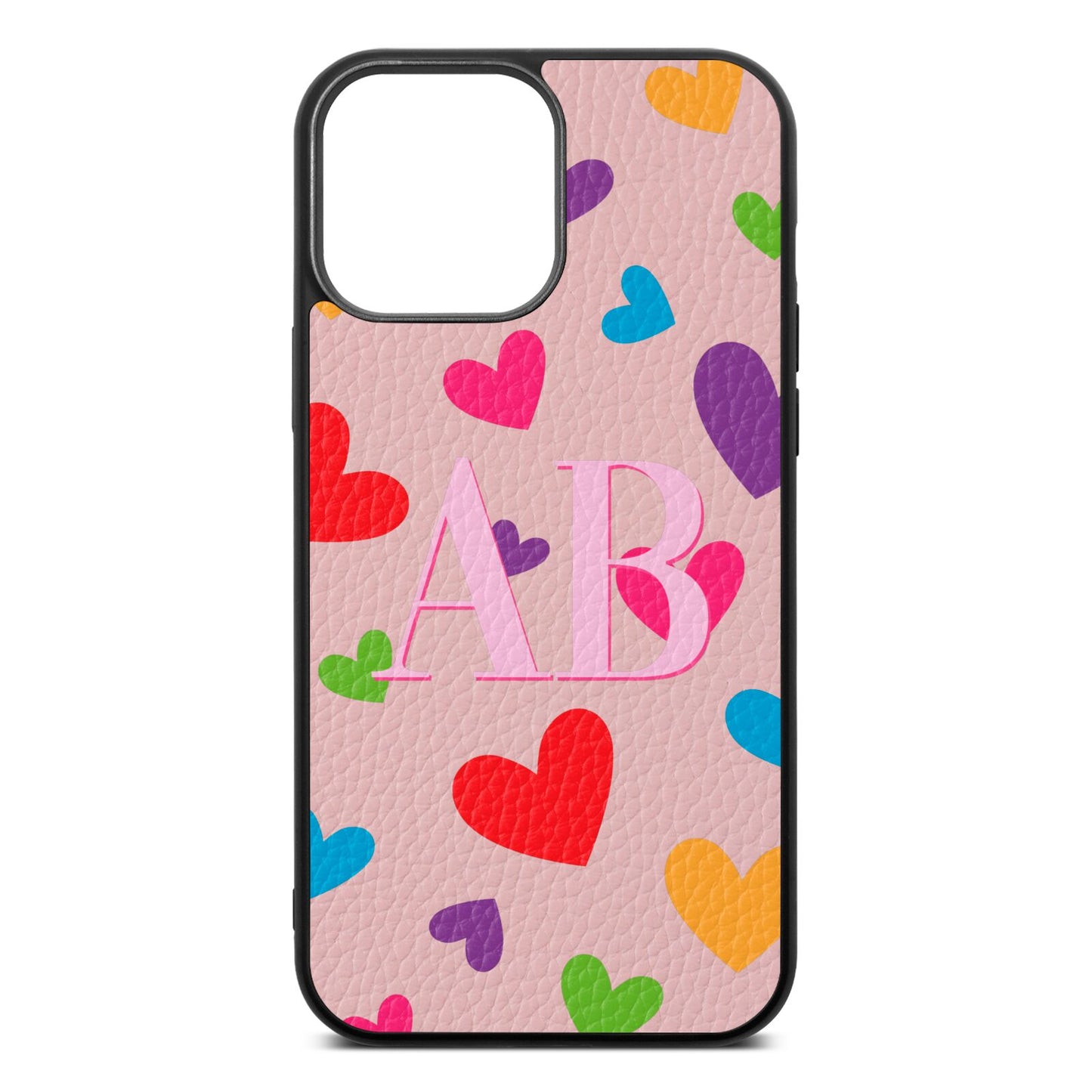 Contrast Initials Heart Print Pink Pebble Leather iPhone 13 Pro Max Case