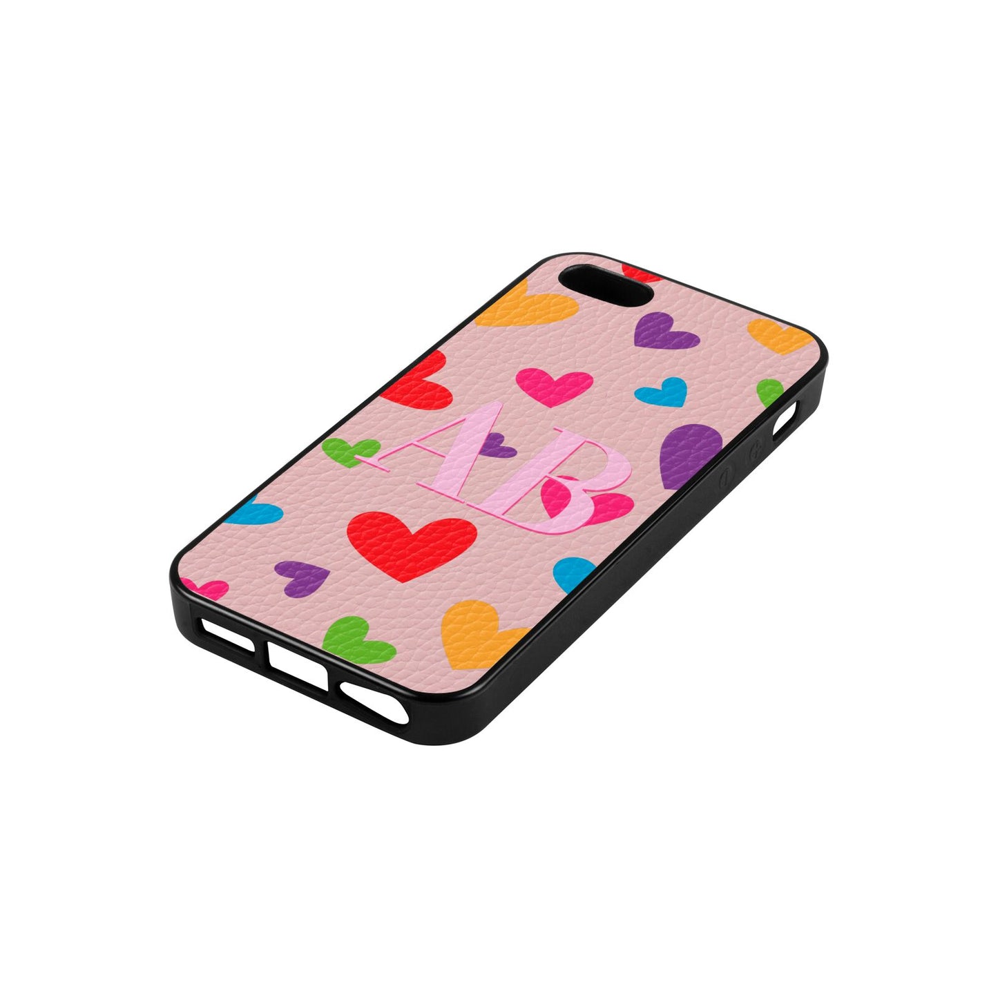 Contrast Initials Heart Print Pink Pebble Leather iPhone 5 Case Side Angle