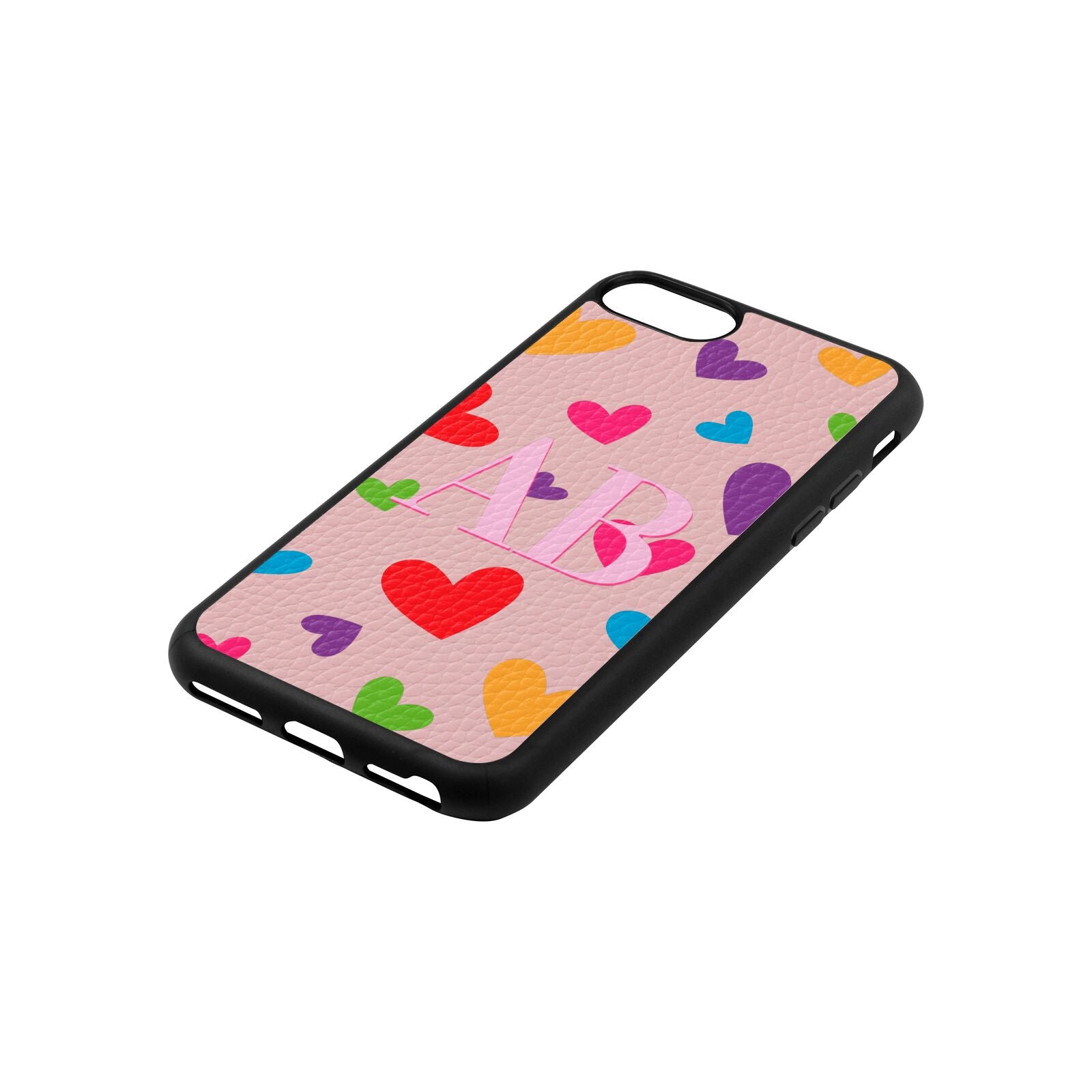 Contrast Initials Heart Print Pink Pebble Leather iPhone 8 Case Side Angle