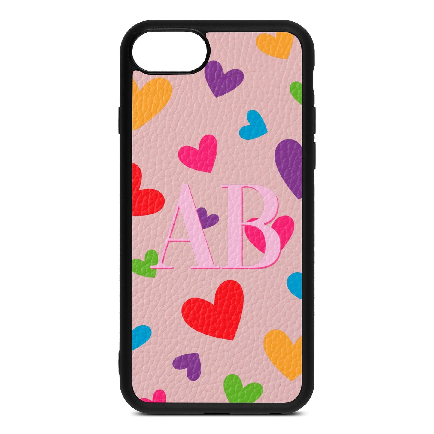 Contrast Initials Heart Print Pink Pebble Leather iPhone 8 Case