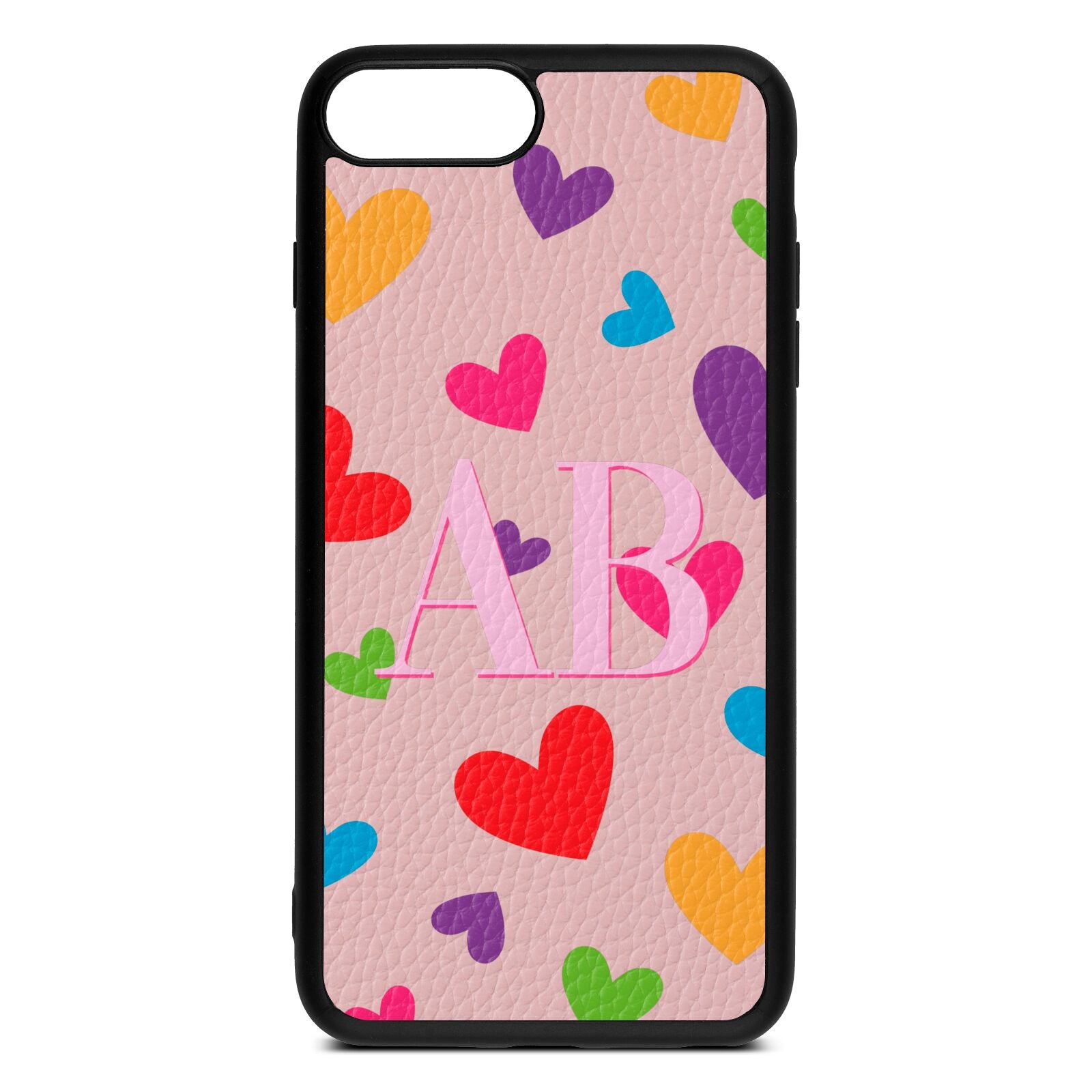 Contrast Initials Heart Print Pink Pebble Leather iPhone 8 Plus Case