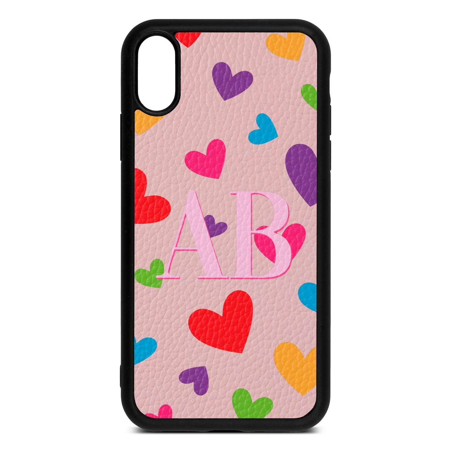 Contrast Initials Heart Print Pink Pebble Leather iPhone Xr Case