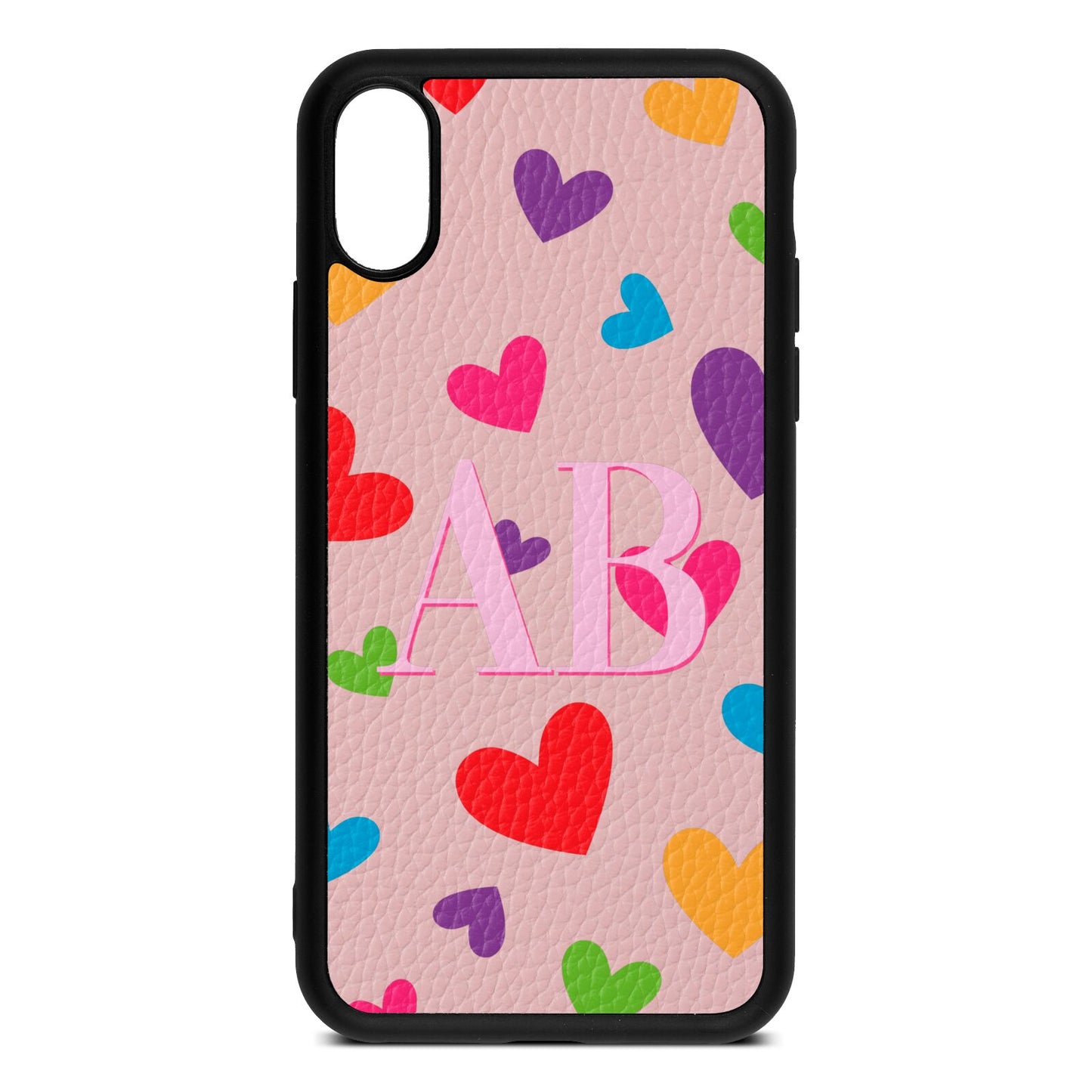 Contrast Initials Heart Print Pink Pebble Leather iPhone Xs Case