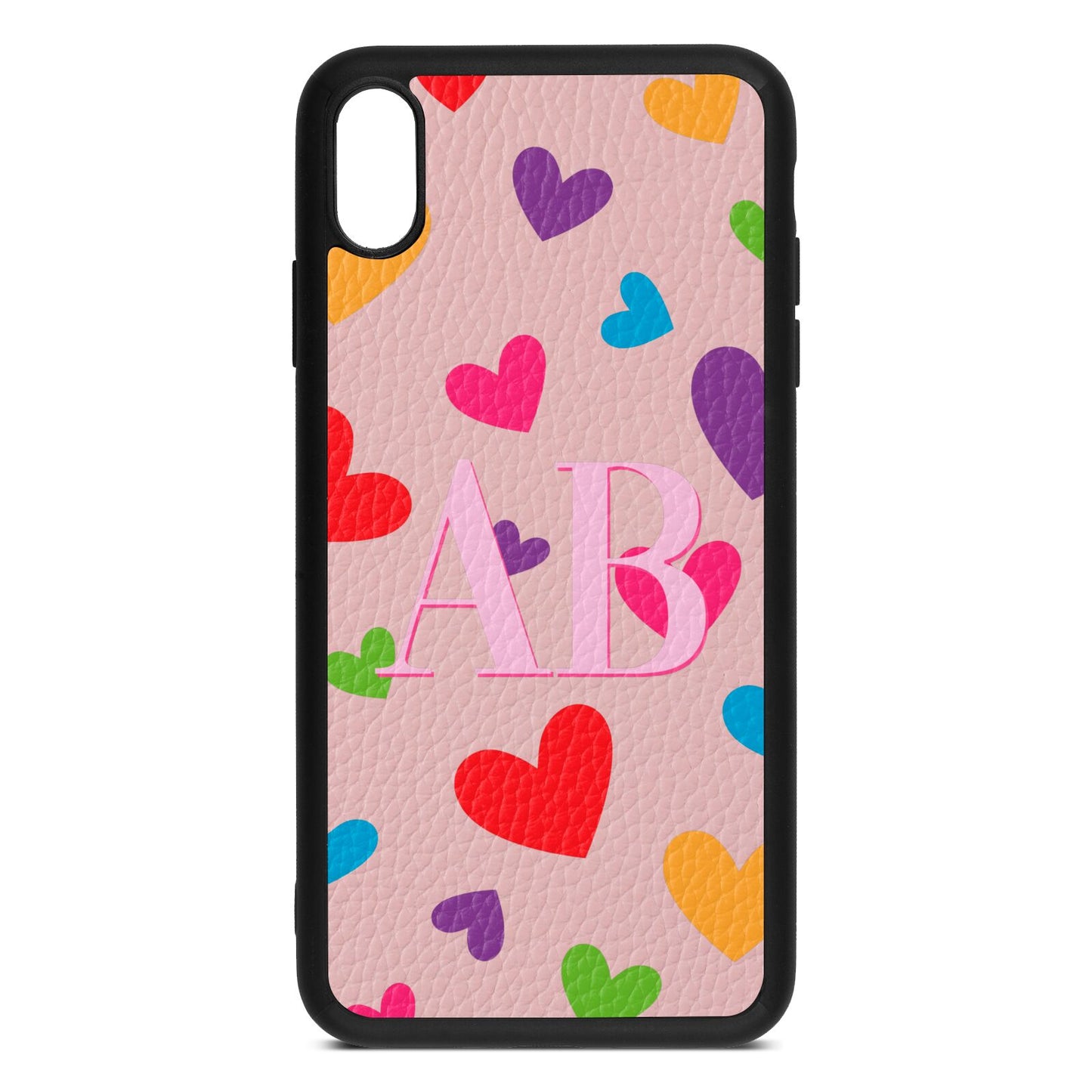 Contrast Initials Heart Print Pink Pebble Leather iPhone Xs Max Case