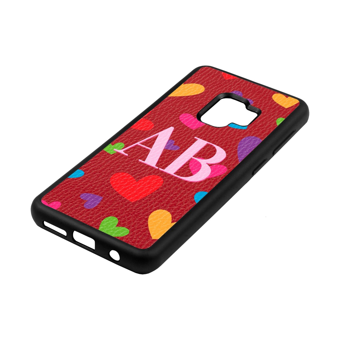 Contrast Initials Heart Print Red Pebble Leather Samsung S9 Case Side Angle