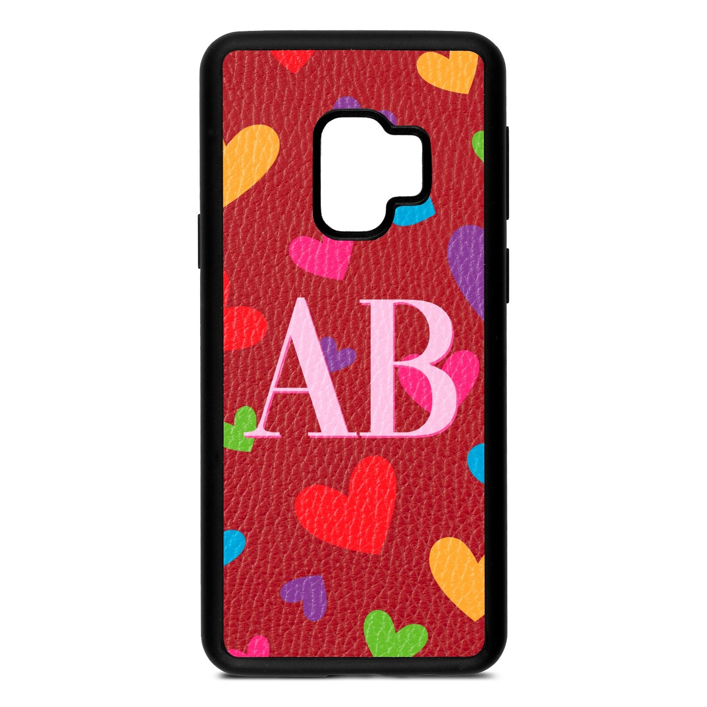 Contrast Initials Heart Print Red Pebble Leather Samsung S9 Case