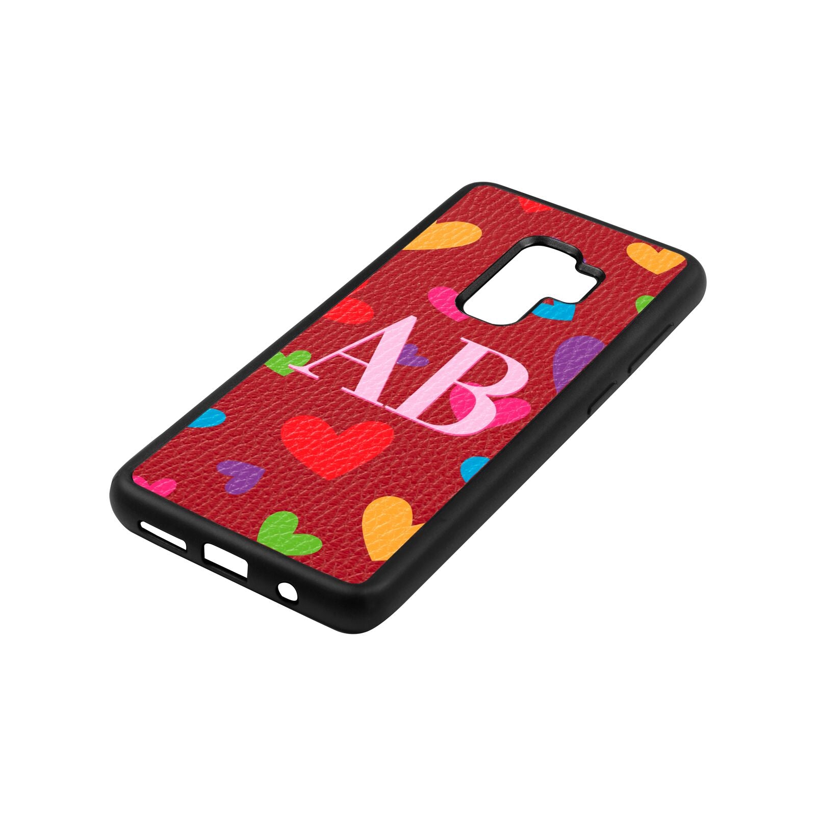 Contrast Initials Heart Print Red Pebble Leather Samsung S9 Plus Case Side Angle