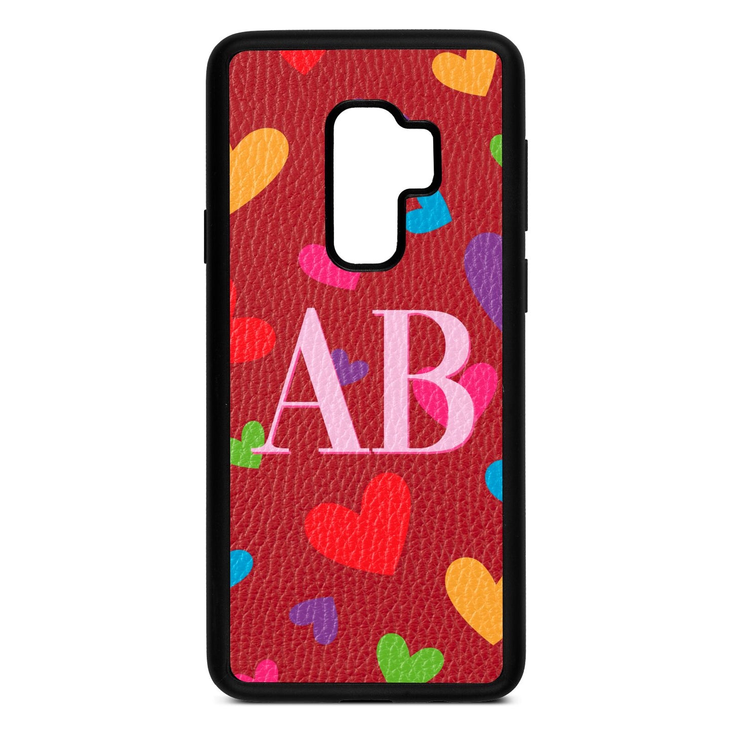 Contrast Initials Heart Print Red Pebble Leather Samsung S9 Plus Case