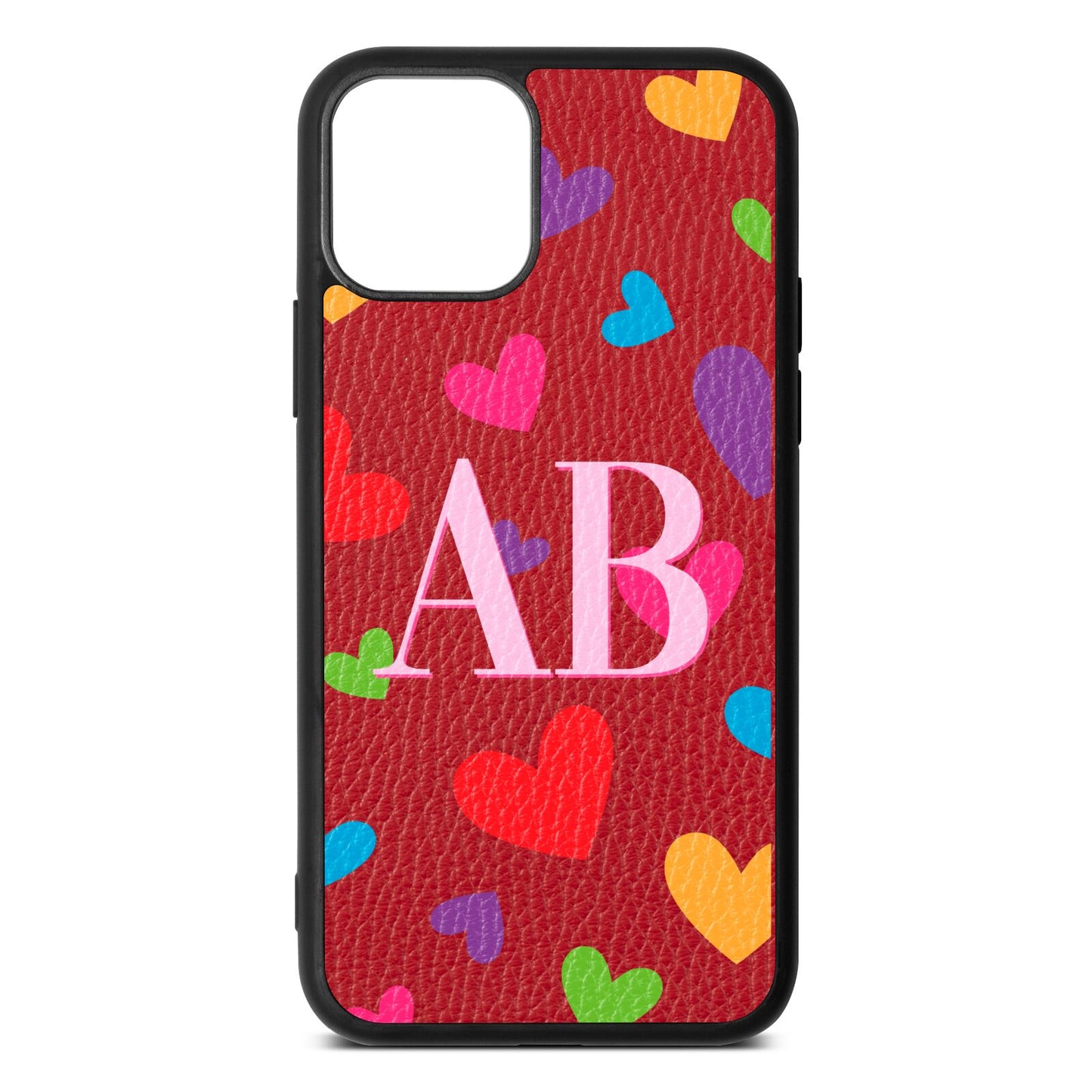 Contrast Initials Heart Print Red Pebble Leather iPhone 11 Case