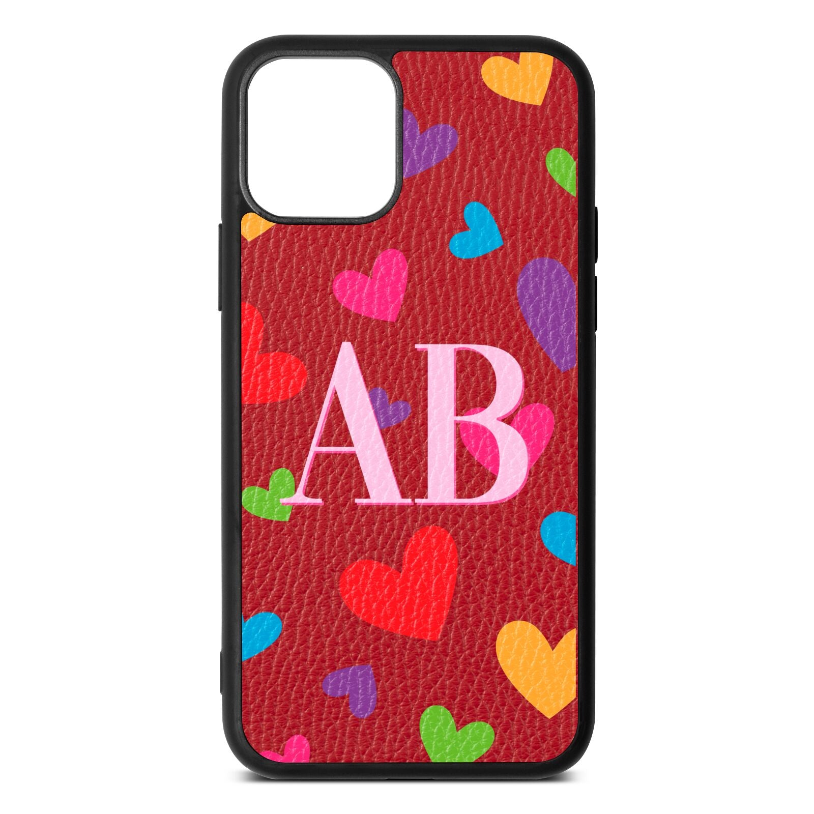 Contrast Initials Heart Print Red Pebble Leather iPhone 11 Pro Case