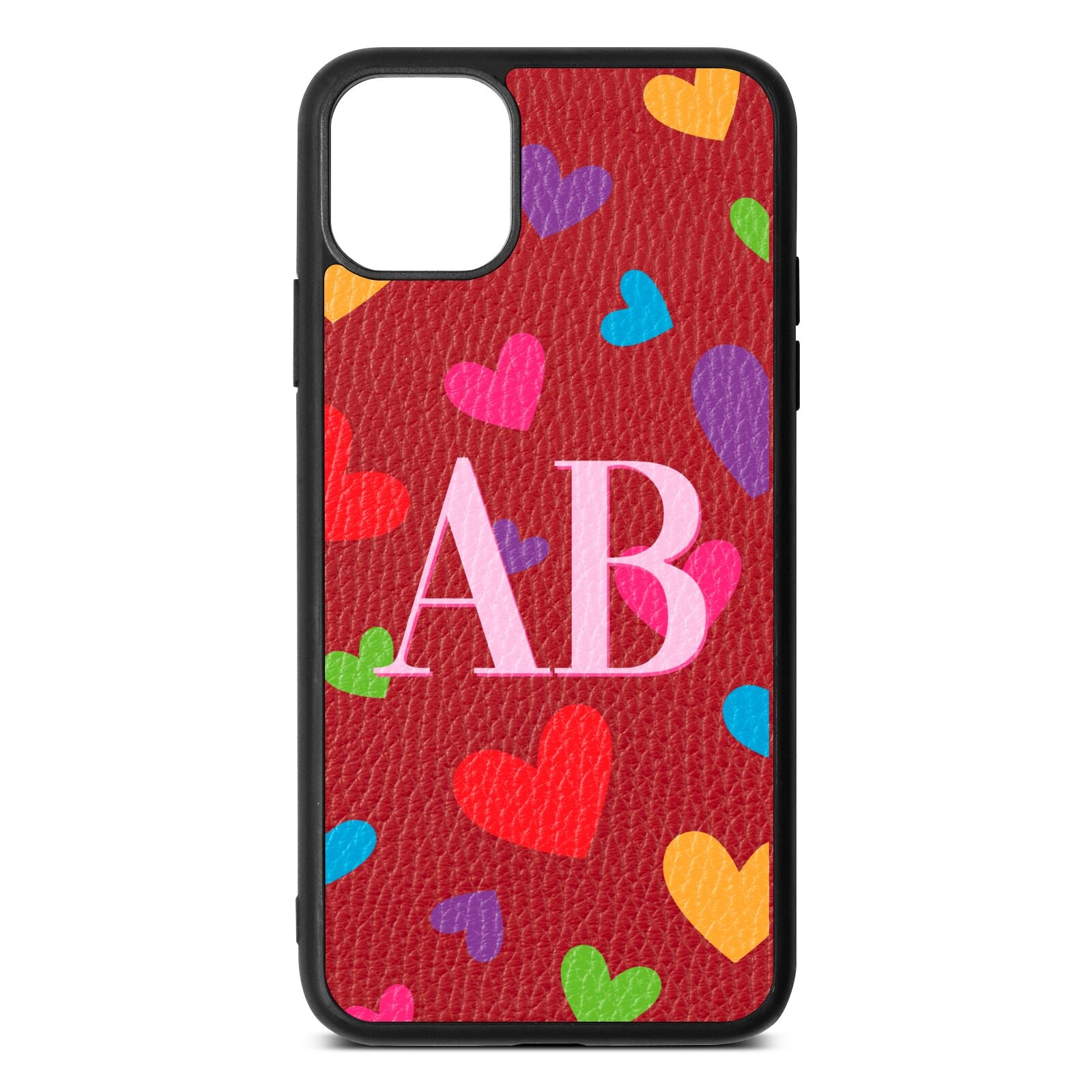 Contrast Initials Heart Print Red Pebble Leather iPhone 11 Pro Max Case