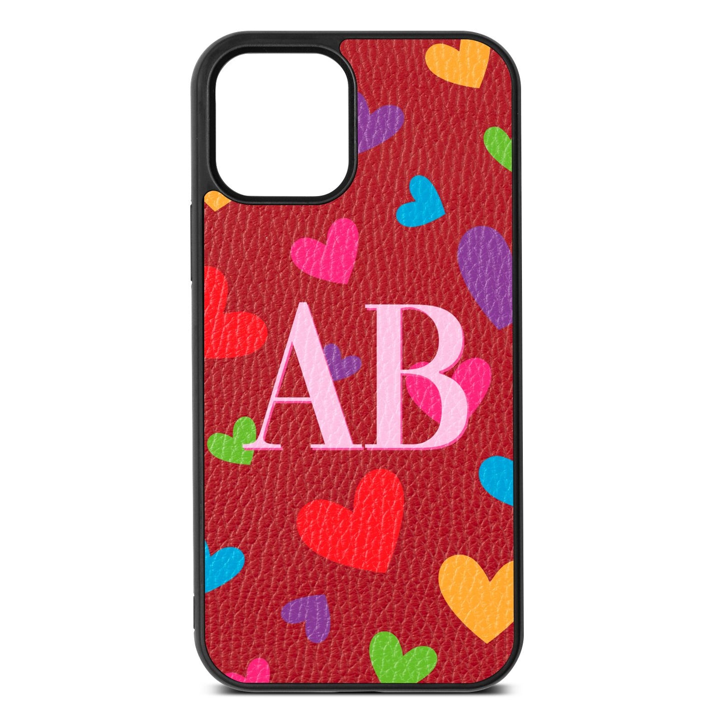 Contrast Initials Heart Print Red Pebble Leather iPhone 12 Case